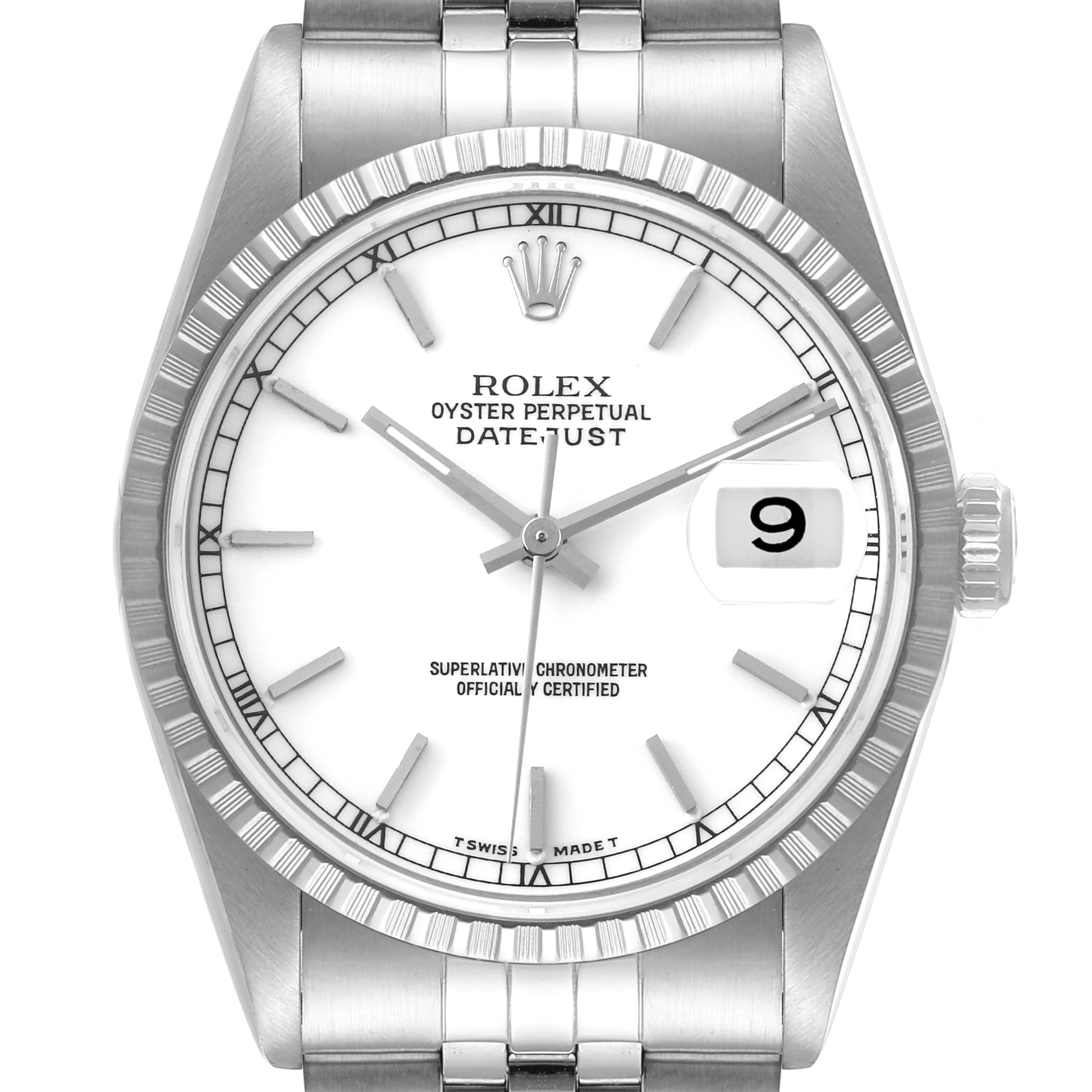 This image shows a head-on view of the Rolex Datejust 16220 Men's Stainless Steel White Dial 16220 Men's Stainless Steel White Dial watch displaying the bezel, dial, hands, date window, and part of the bracelet.