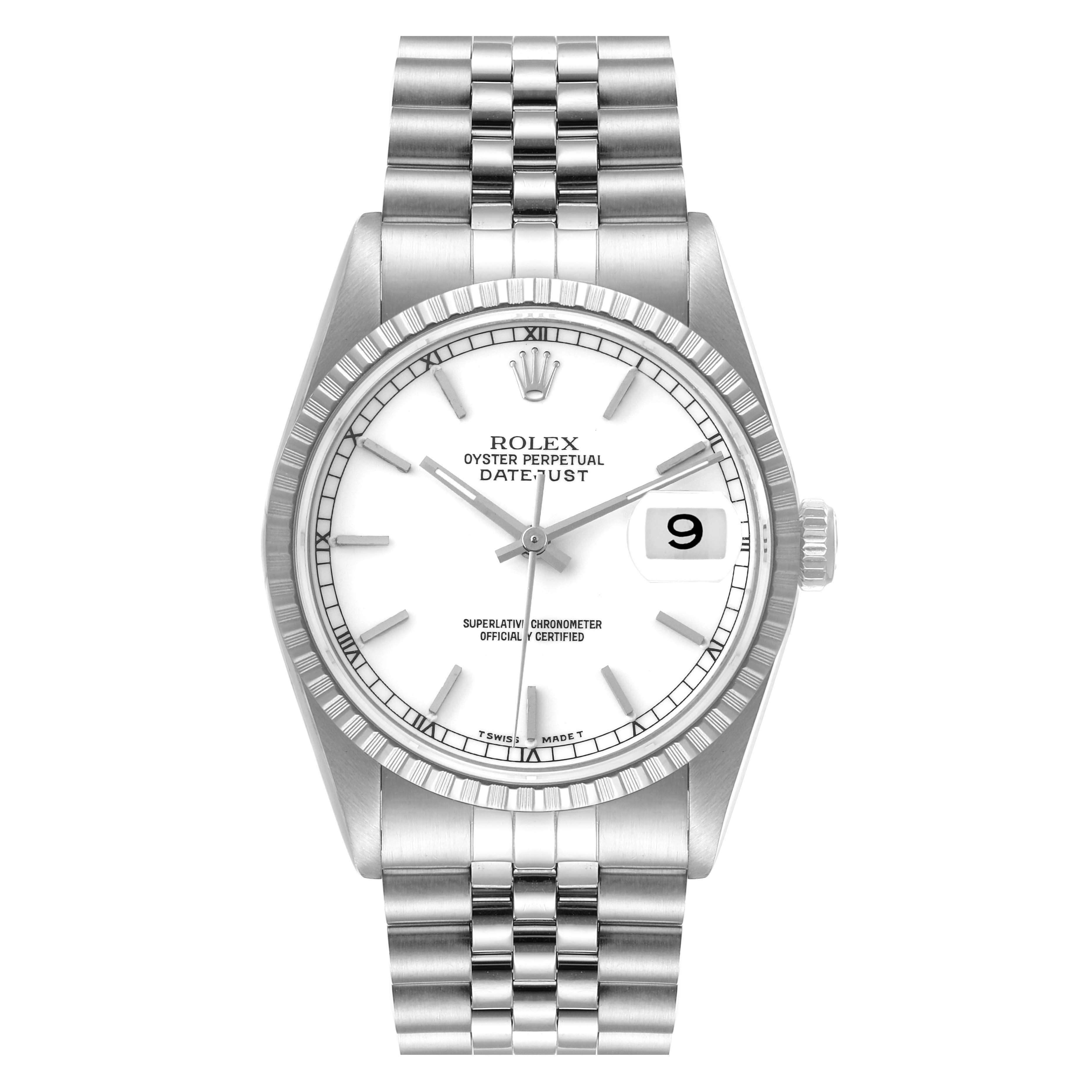 This image shows a front view of a Rolex Datejust 16220 Men's Stainless Steel White Dial 16220 Men's Stainless Steel White Dial watch, displaying the dial, bezel, and bracelet.
