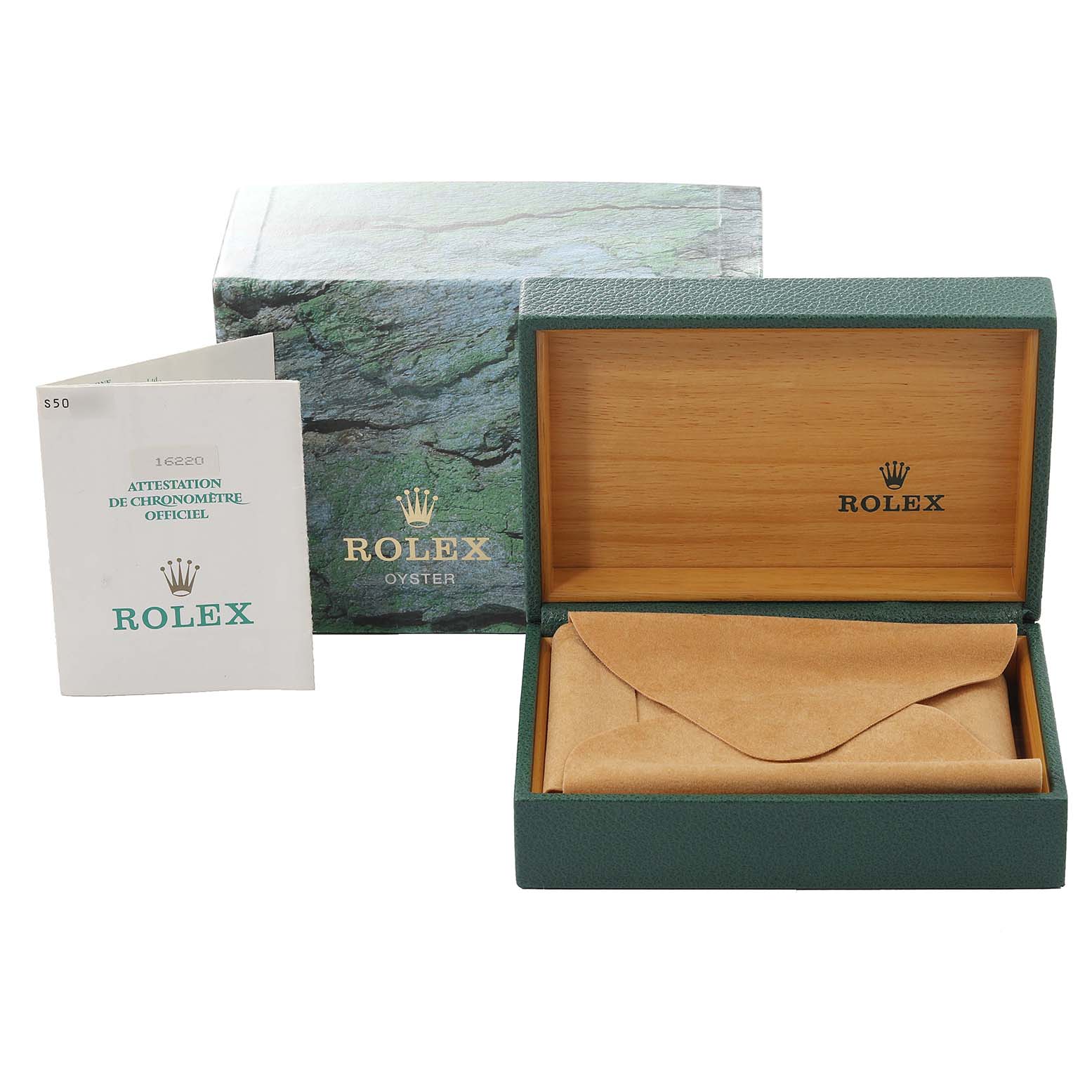 The image shows a Rolex Datejust 16220 Men's Stainless Steel White Dial 16220 Men's Stainless Steel White Dial model's packaging, including its box, manual, and interior pouch, viewed from a front angle.