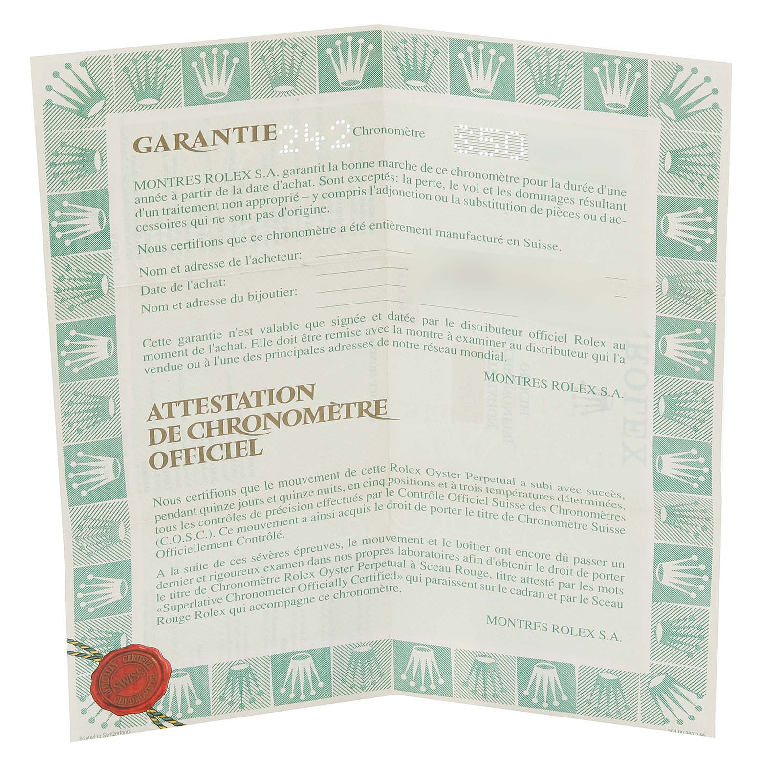 This image shows the warranty and certification documents for a Rolex Datejust 16220 Men's Stainless Steel White Dial 16220 Men's Stainless Steel White Dial watch.