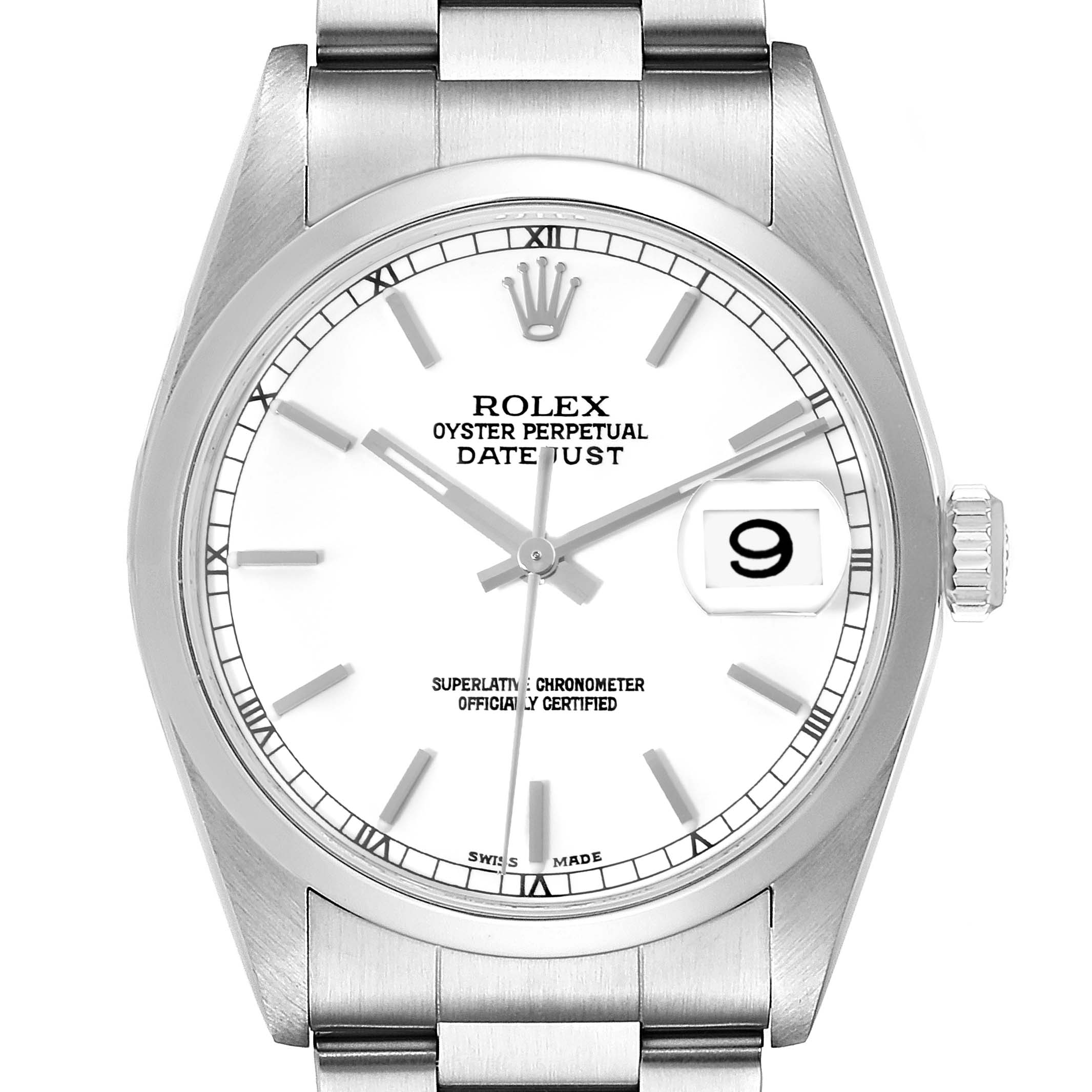 The Rolex Datejust 16200 Men's Stainless Steel White Dial 16200 Men's Stainless Steel White Dial watch is shown from a straight-on angle, highlighting the dial, bezel, and part of the bracelet.