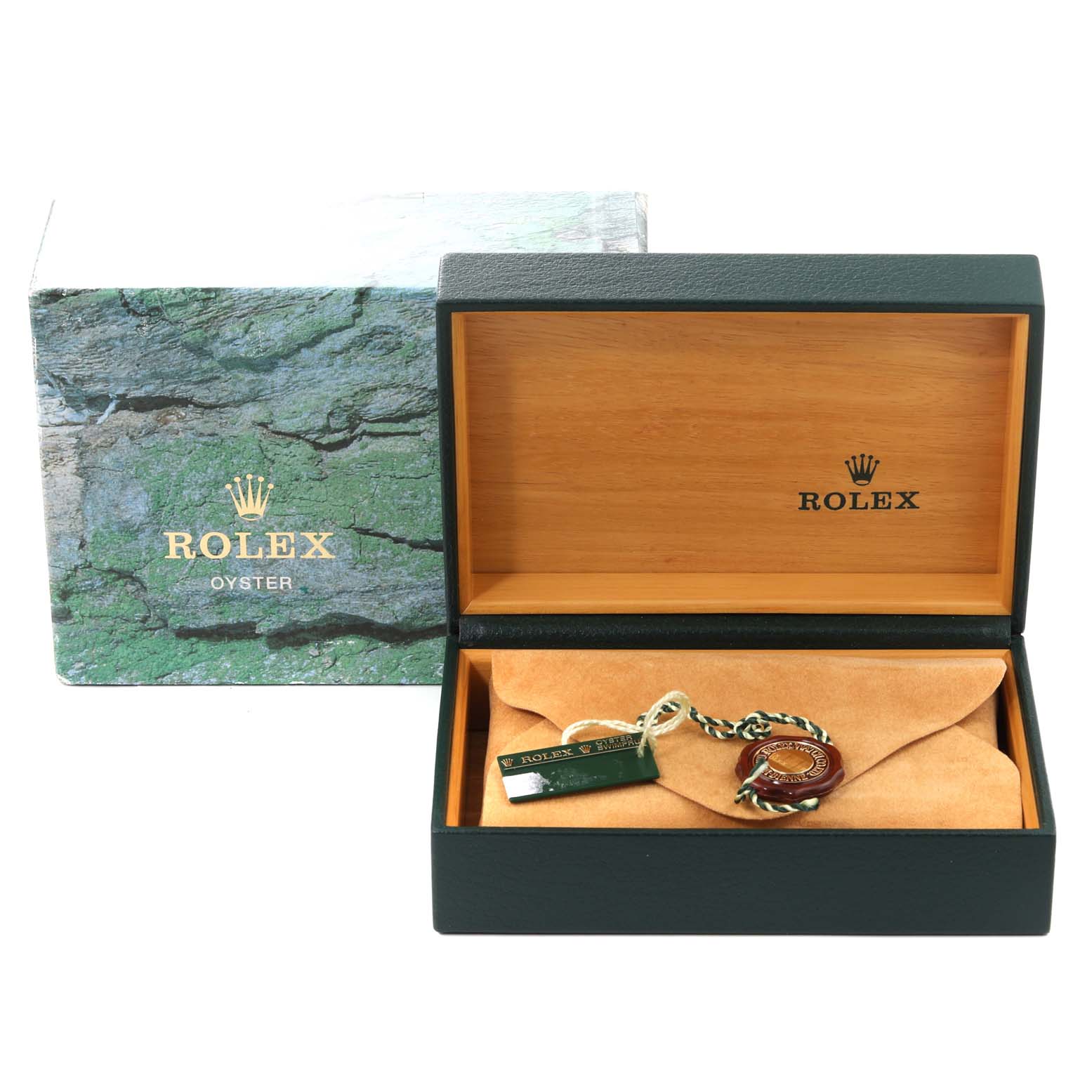 The image shows the open box and packaging for a Rolex Datejust 16200 Men's Stainless Steel White Dial 16200 Men's Stainless Steel White Dial watch, including tags and a suede interior.