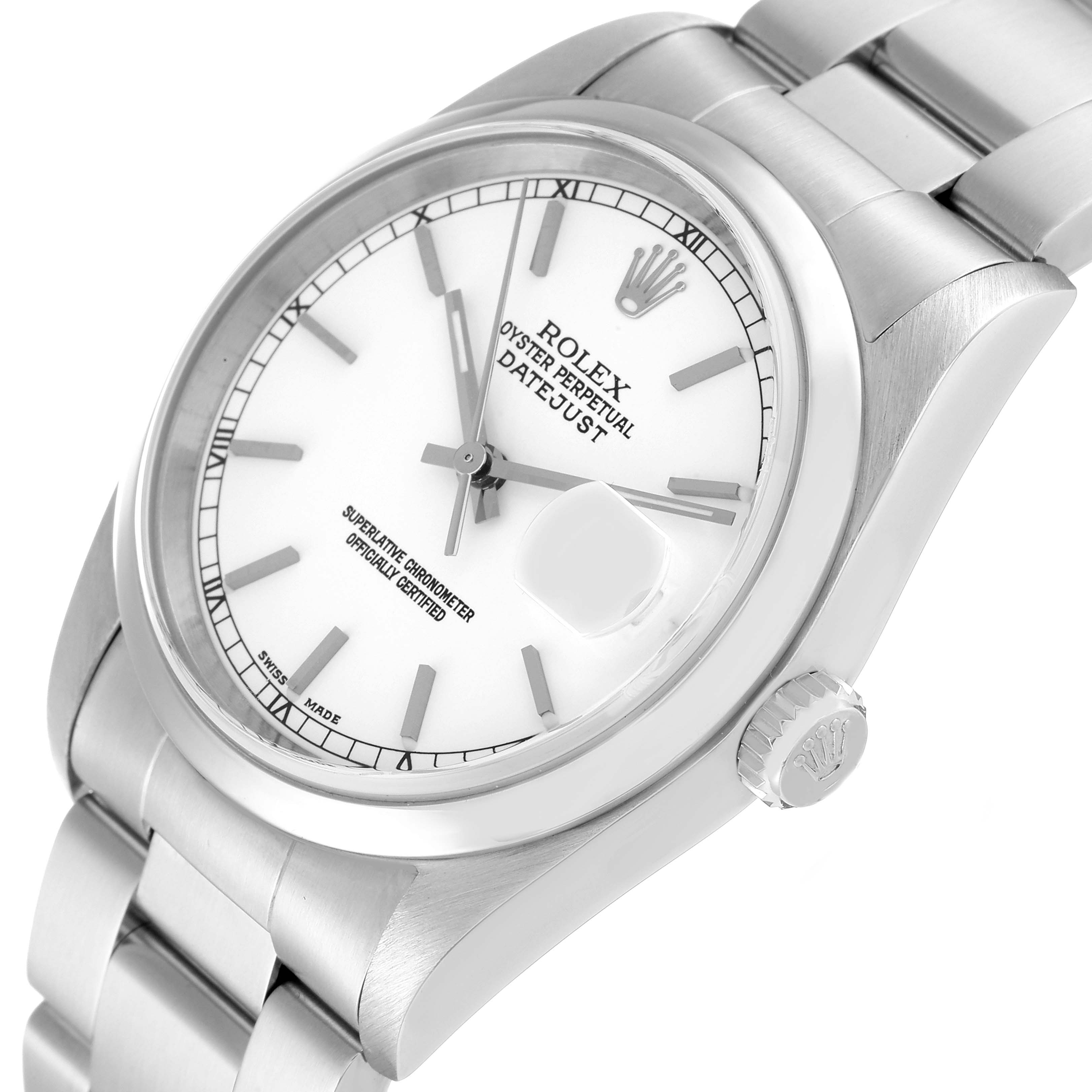 This image shows a Rolex Datejust 16200 Men's Stainless Steel White Dial 16200 Men's Stainless Steel White Dial watch at a slight angle, highlighting its face, crown, and bracelet.
