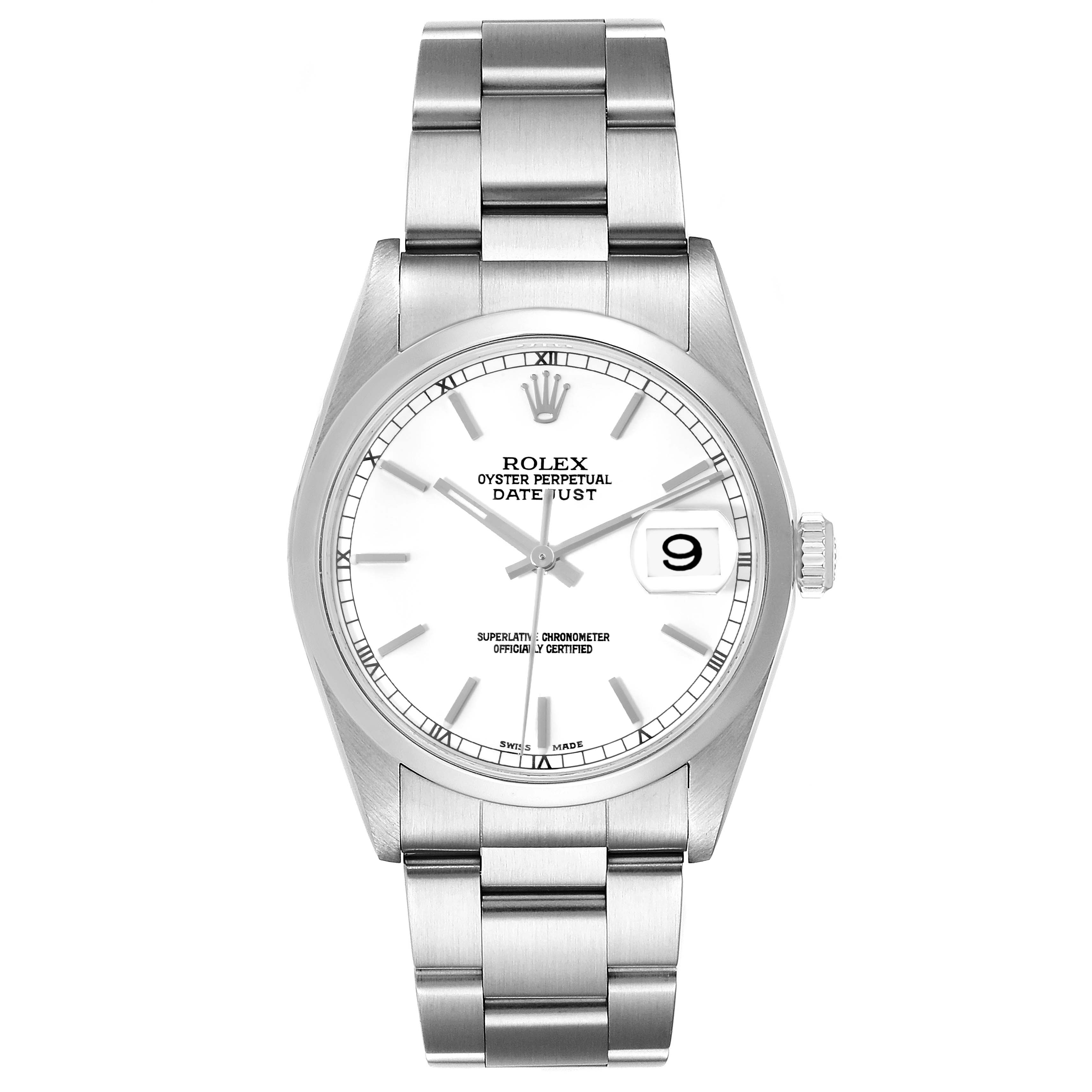 The image shows a front view of the Rolex Datejust 16200 Men's Stainless Steel White Dial 16200 Men's Stainless Steel White Dial watch, displaying its dial and bracelet.