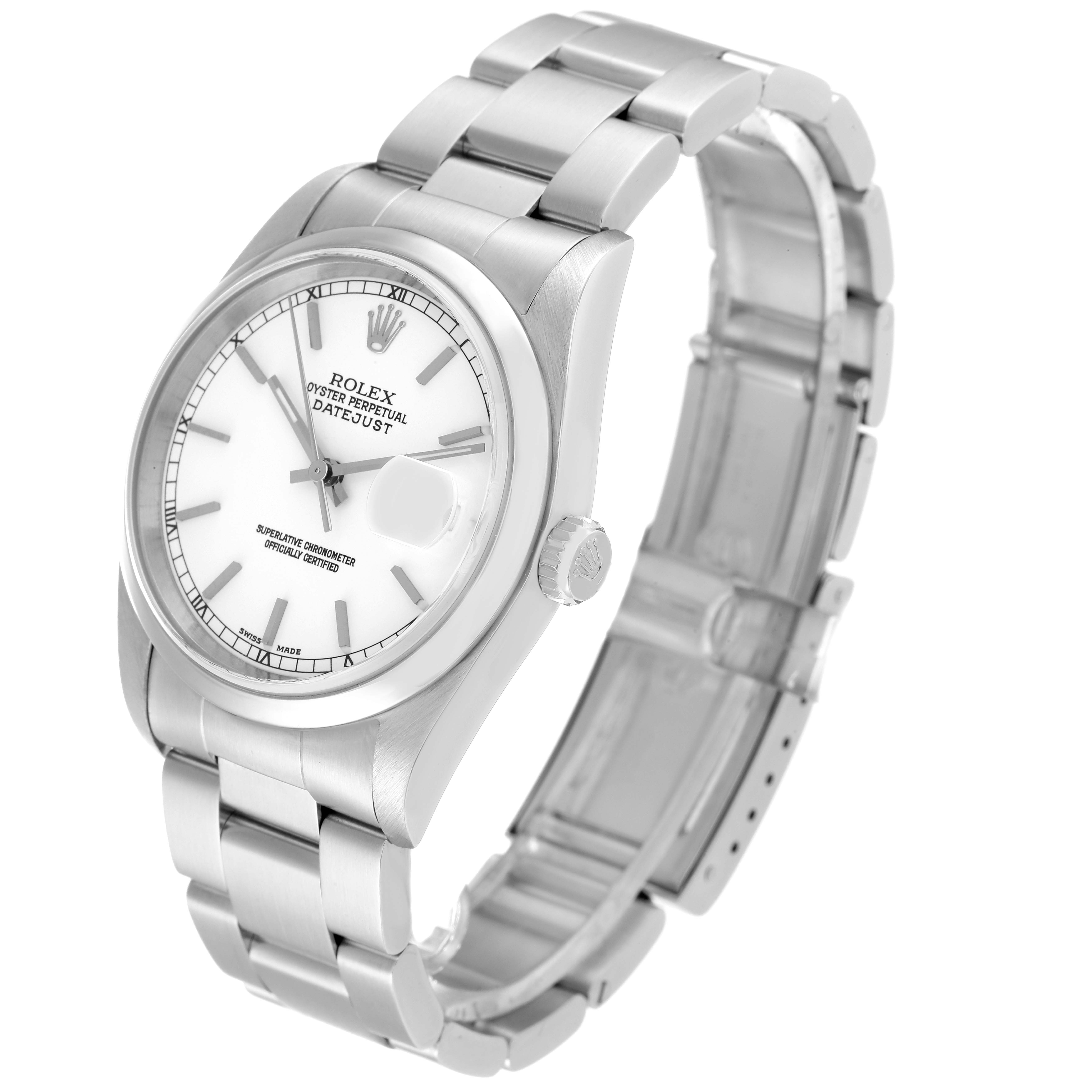 The Rolex Datejust 16200 Men's Stainless Steel White Dial 16200 Men's Stainless Steel White Dial model is shown at a three-quarter angle, displaying the case, dial, bracelet, and crown.