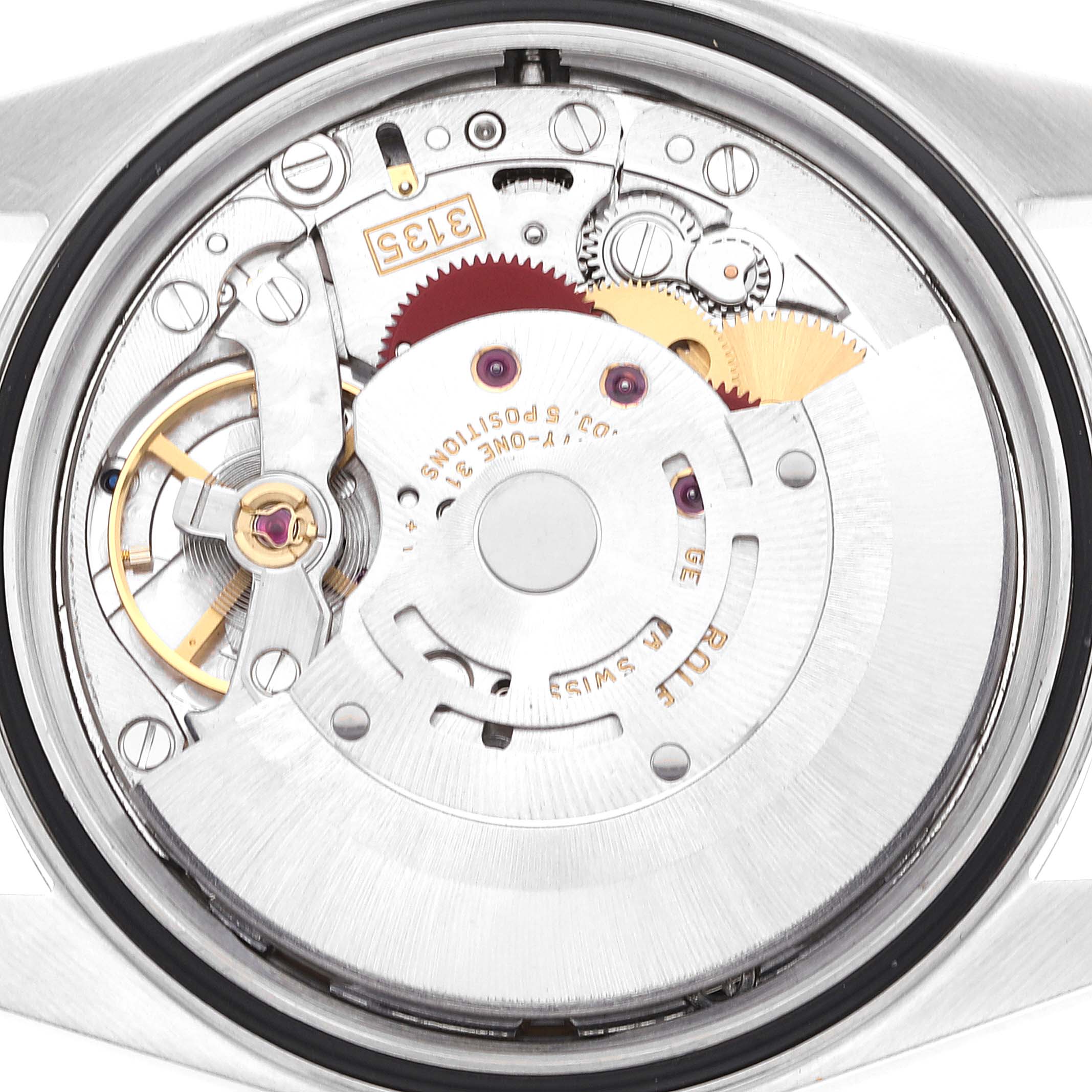 This image shows the inner mechanical movement of the Rolex Datejust 16200 Men's Stainless Steel White Dial 16200 Men's Stainless Steel White Dial watch from a back angle.