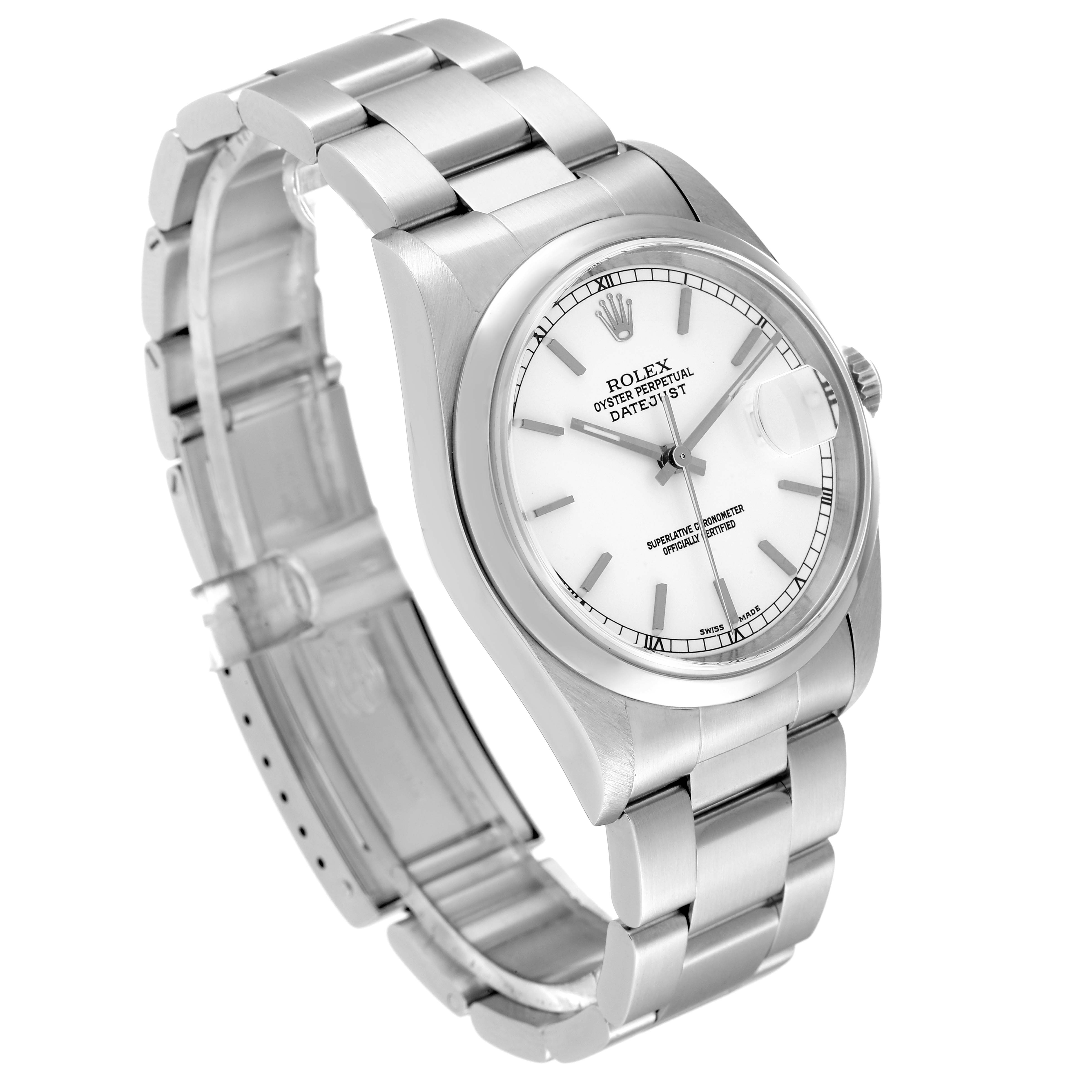 The image shows a Rolex Datejust 16200 Men's Stainless Steel White Dial 16200 Men's Stainless Steel White Dial watch at a three-quarter angle, displaying its face, bezel, crown, and metal bracelet.