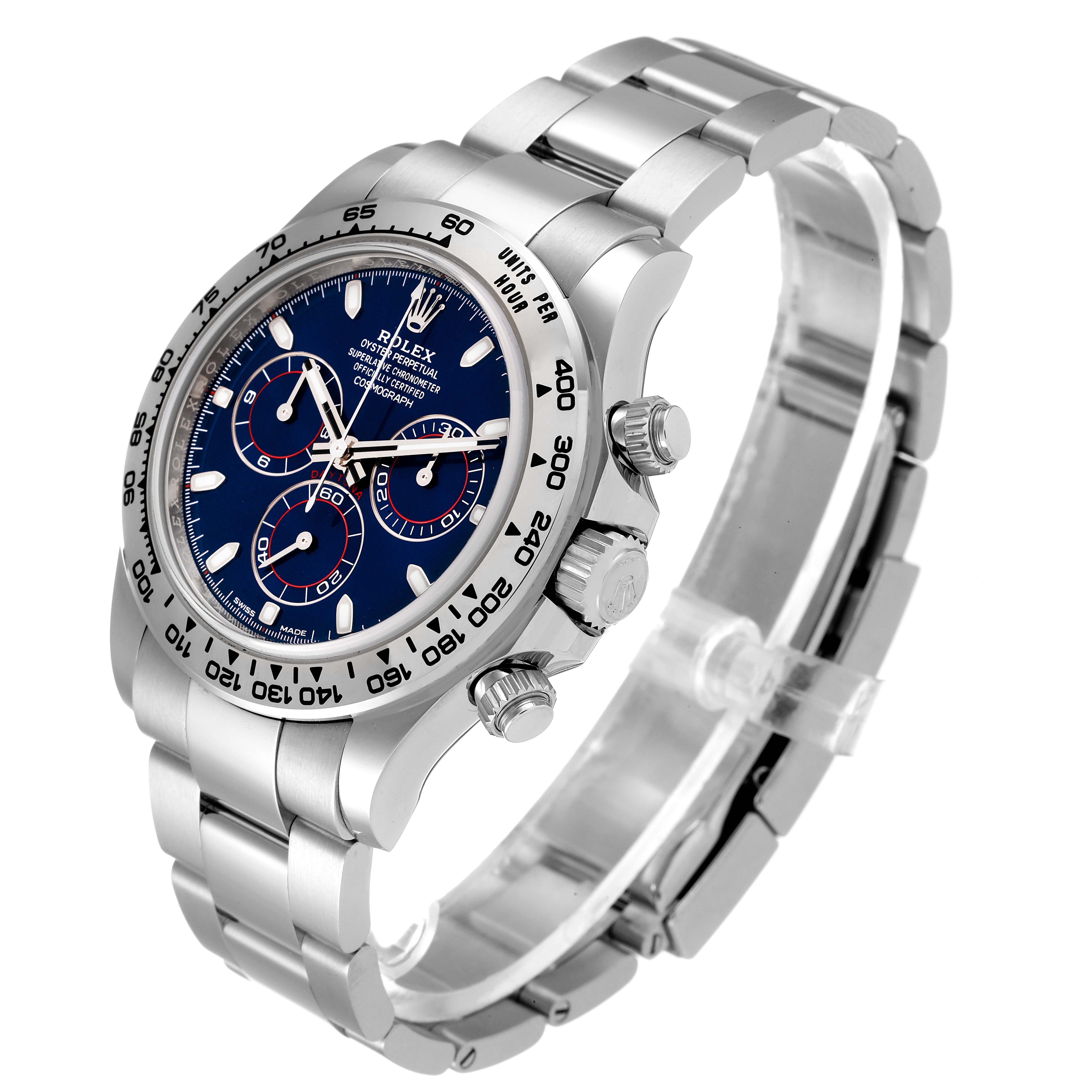 This image shows a Rolex Daytona 116509 Men's White Gold Blue Dial 116509 Men's White Gold Blue Dial watch at a slight angle, highlighting the bezel, dial, pushers, and part of the bracelet.