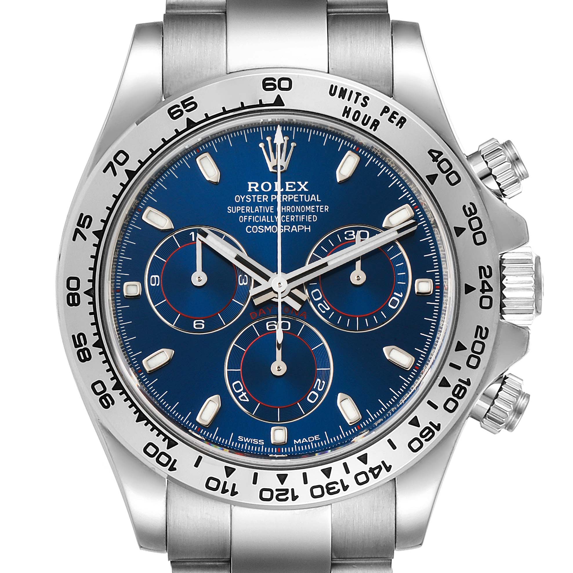 The image shows a frontal view of the Rolex Daytona 116509 Men's White Gold Blue Dial 116509 Men's White Gold Blue Dial watch, highlighting its blue dial, subdials, and stainless steel case and bracelet.