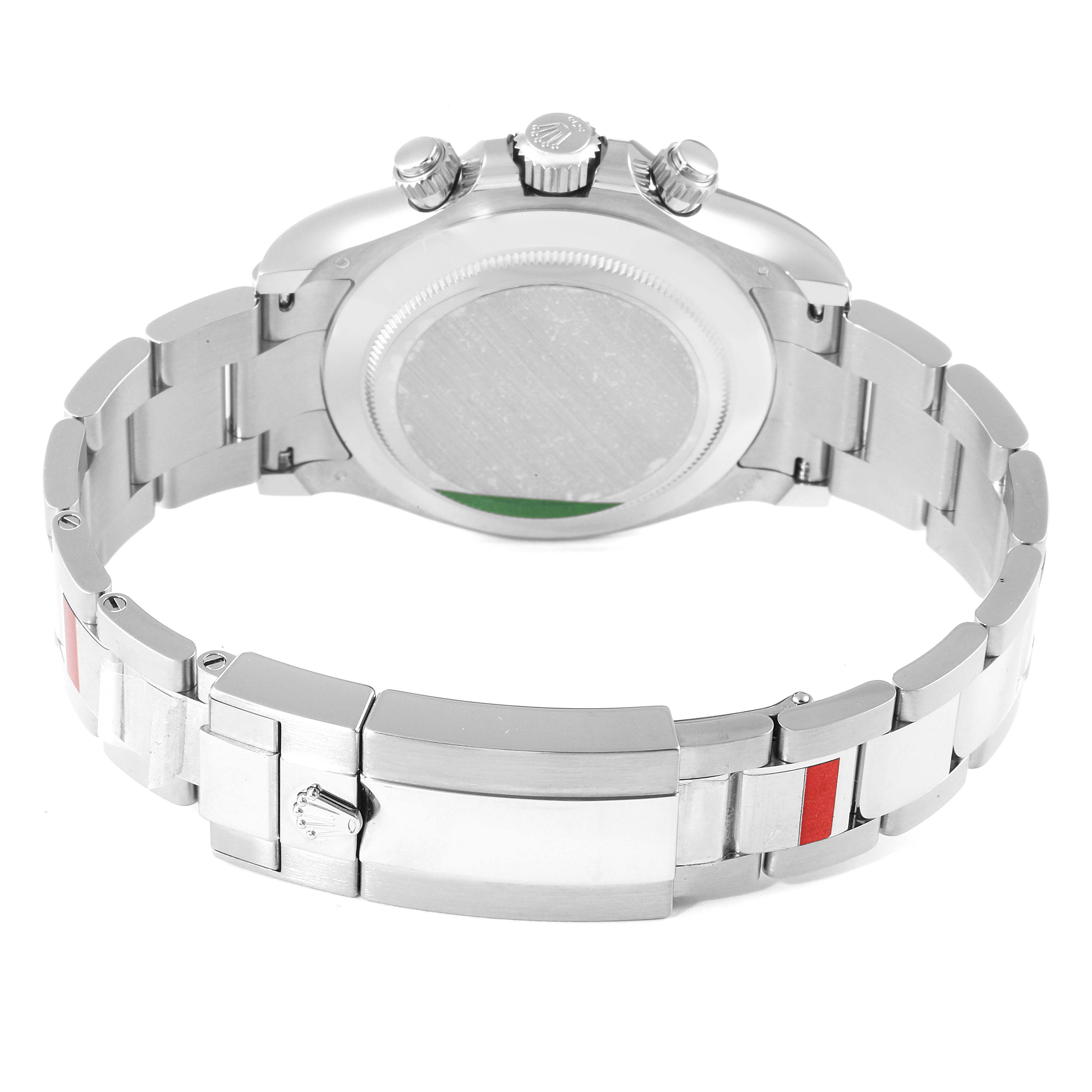 This image shows the back case and bracelet of a Rolex Daytona 116509 Men's White Gold Blue Dial 116509 Men's White Gold Blue Dial watch from a rear angle.