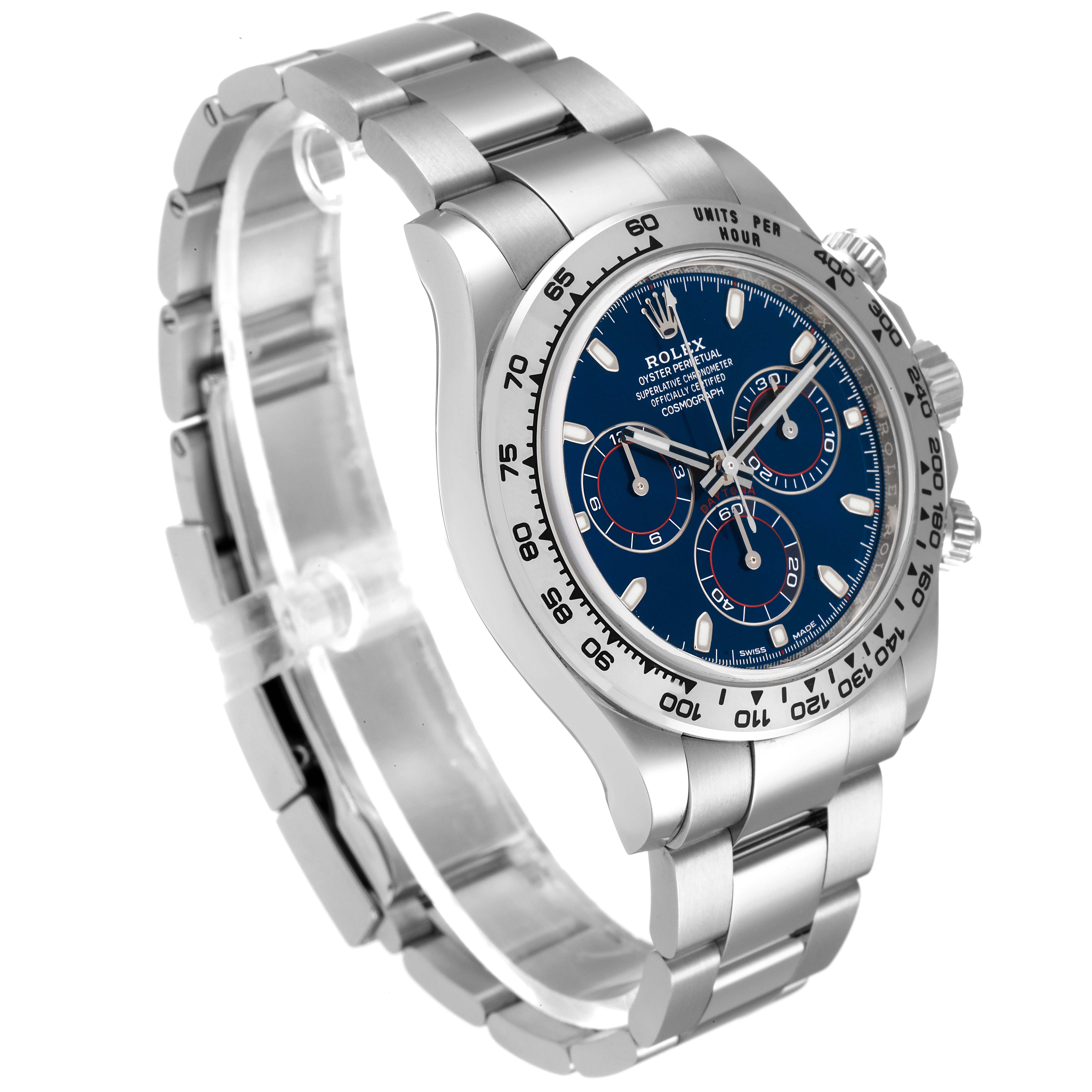 The Rolex Daytona 116509 Men's White Gold Blue Dial 116509 Men's White Gold Blue Dial watch is shown at a three-quarter angle, displaying the face, bezel, crown, and bracelet.