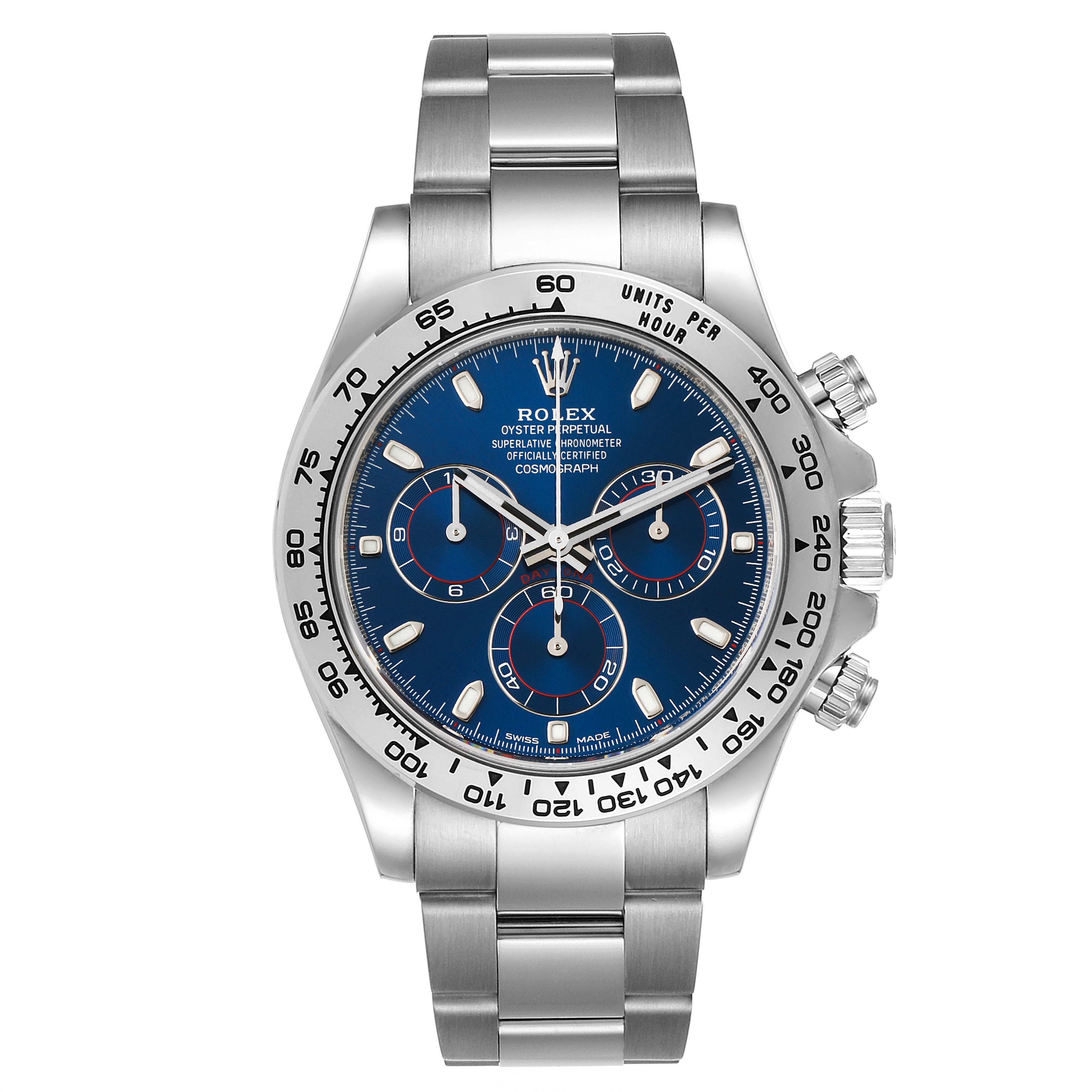This image shows a head-on view of the Rolex Daytona 116509 Men's White Gold Blue Dial 116509 Men's White Gold Blue Dial watch with a blue dial and stainless steel bracelet.
