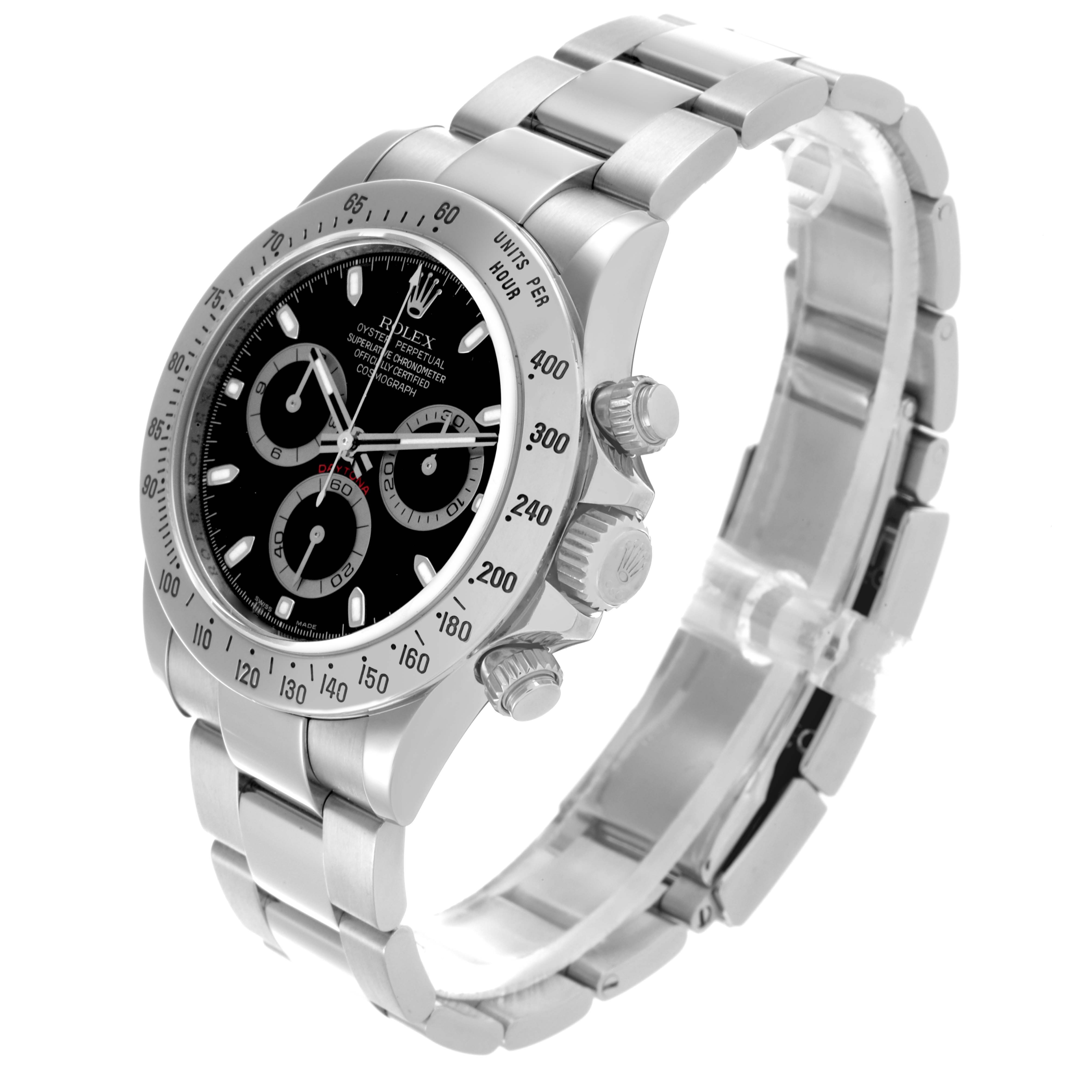 The image shows a side angle of a Rolex Daytona 116520 Men's Stainless Steel Black Dial 116520 Men's Stainless Steel Black Dial, highlighting the bezel, dial, crown, and bracelet.