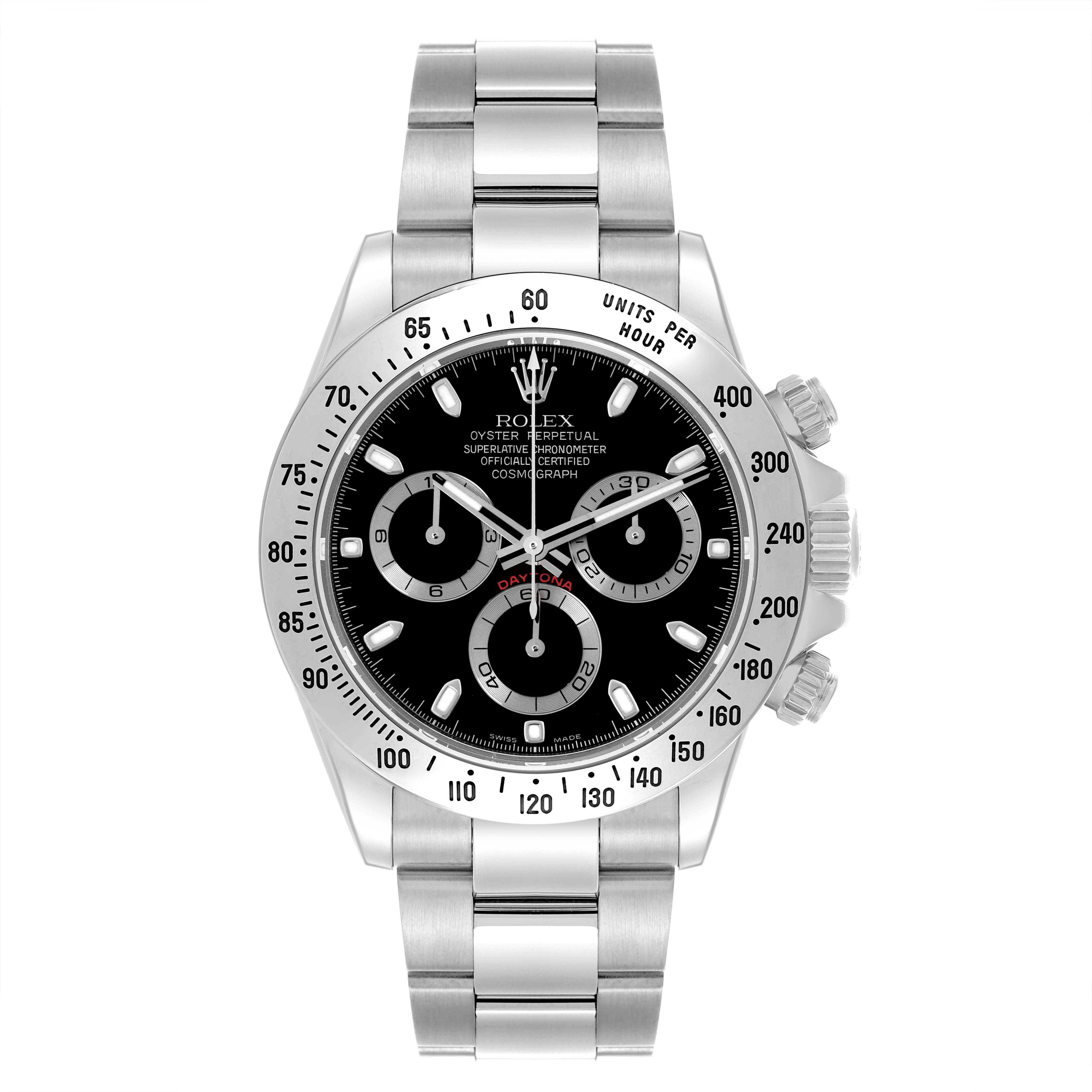 The Rolex Daytona 116520 Men's Stainless Steel Black Dial 116520 Men's Stainless Steel Black Dial watch is shown from a front angle, displaying its face, bezel, crown, and part of the bracelet.