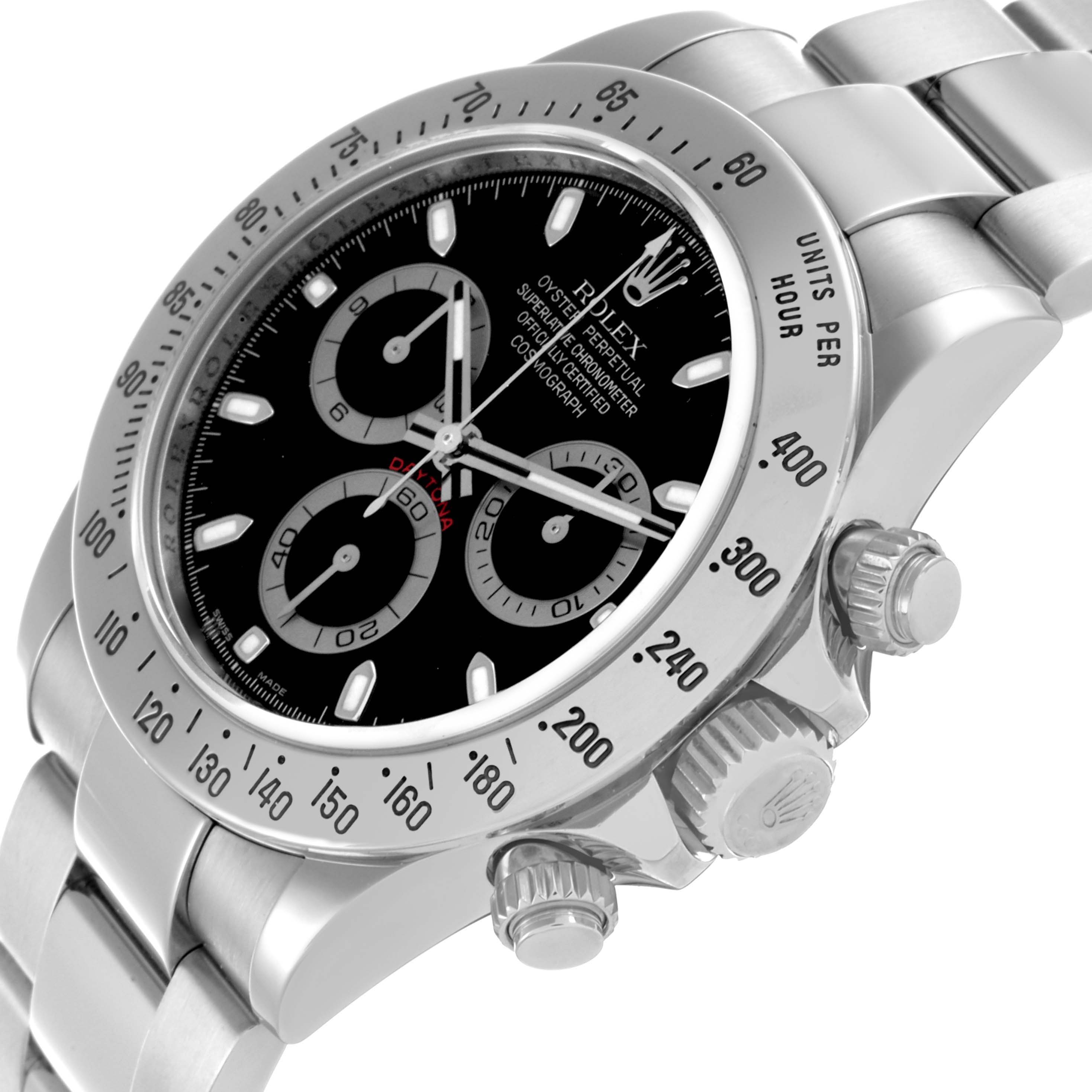 The Rolex Daytona 116520 Men's Stainless Steel Black Dial 116520 Men's Stainless Steel Black Dial watch is shown at an angle highlighting the black dial, bezel, crown, and pushers.