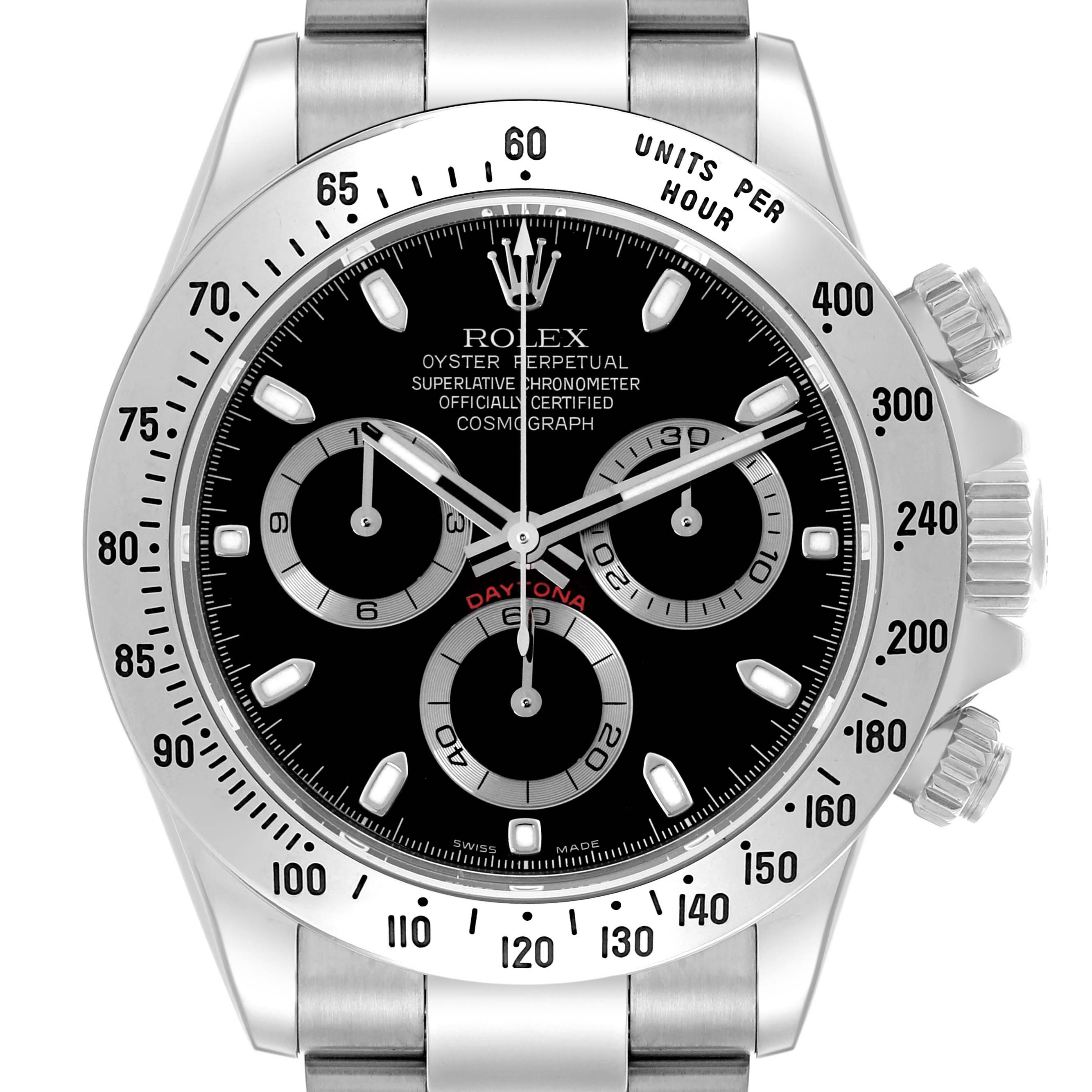 The image shows a front view of a Rolex Daytona 116520 Men's Stainless Steel Black Dial 116520 Men's Stainless Steel Black Dial, highlighting the dial, bezel, and pushers.