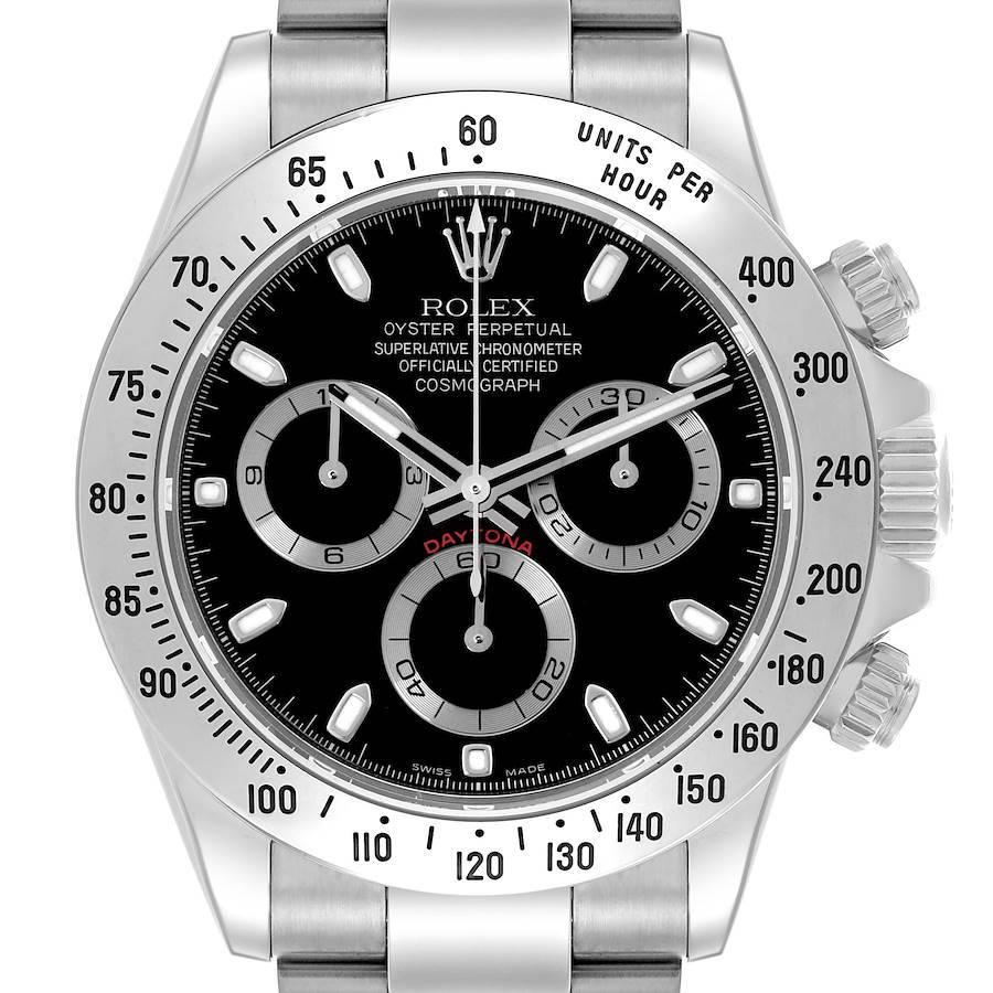 The image shows a front view of a Rolex Daytona, highlighting the dial, bezel, and pushers.