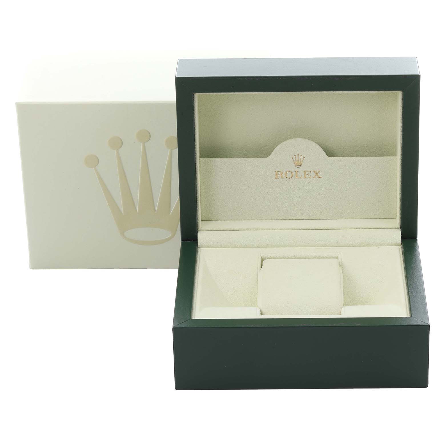 The image shows an open Rolex Daytona 116520 Men's Stainless Steel Black Dial 116520 Men's Stainless Steel Black Dial watch box, featuring a green exterior with a beige interior and the Rolex logo.