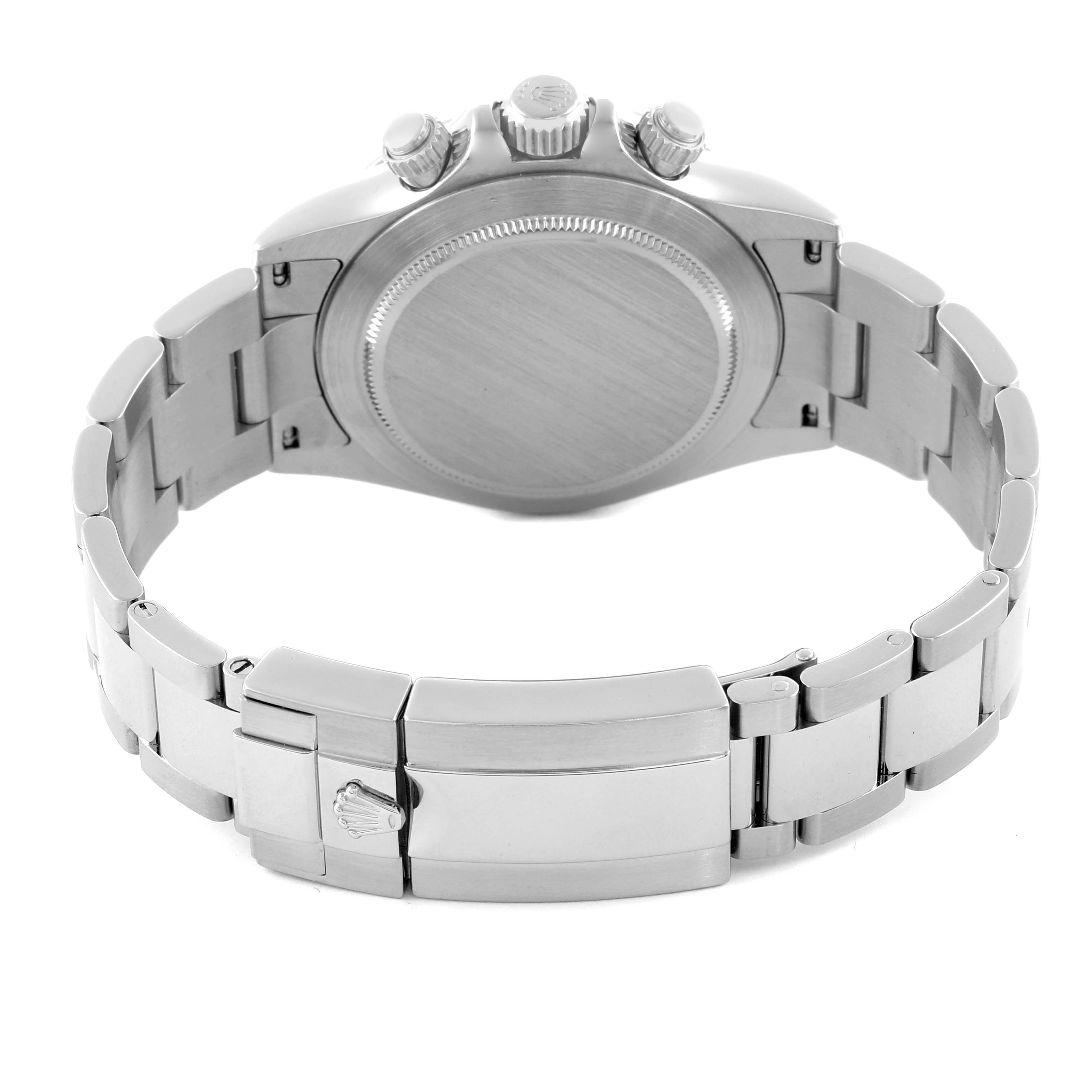 The image shows the back and clasp of a Rolex Daytona 116520 Men's Stainless Steel Black Dial 116520 Men's Stainless Steel Black Dial watch, highlighting the bracelet and caseback.