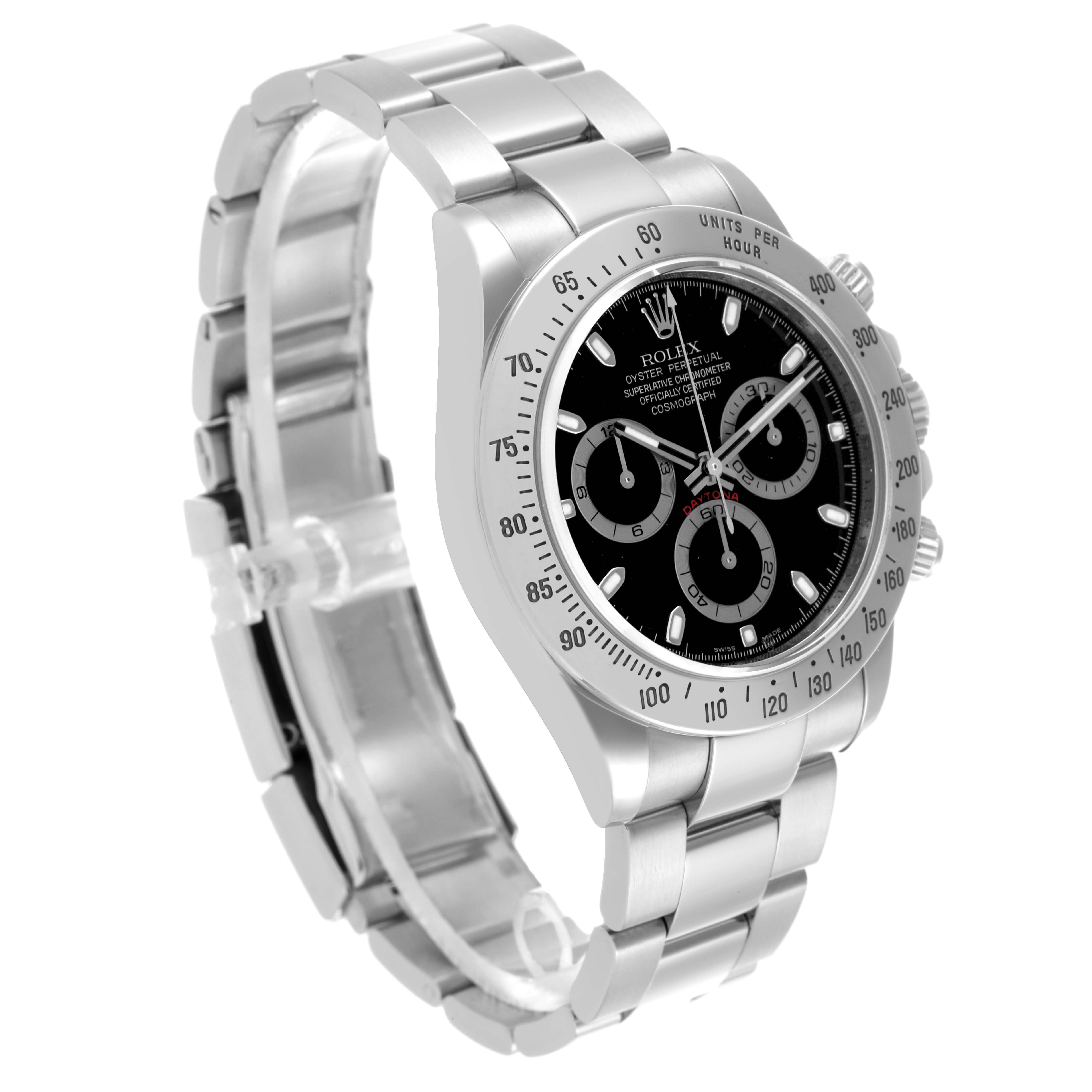 The Rolex Daytona 116520 Men's Stainless Steel Black Dial 116520 Men's Stainless Steel Black Dial is shown at an angled side view highlighting the bezel, dial, and bracelet.