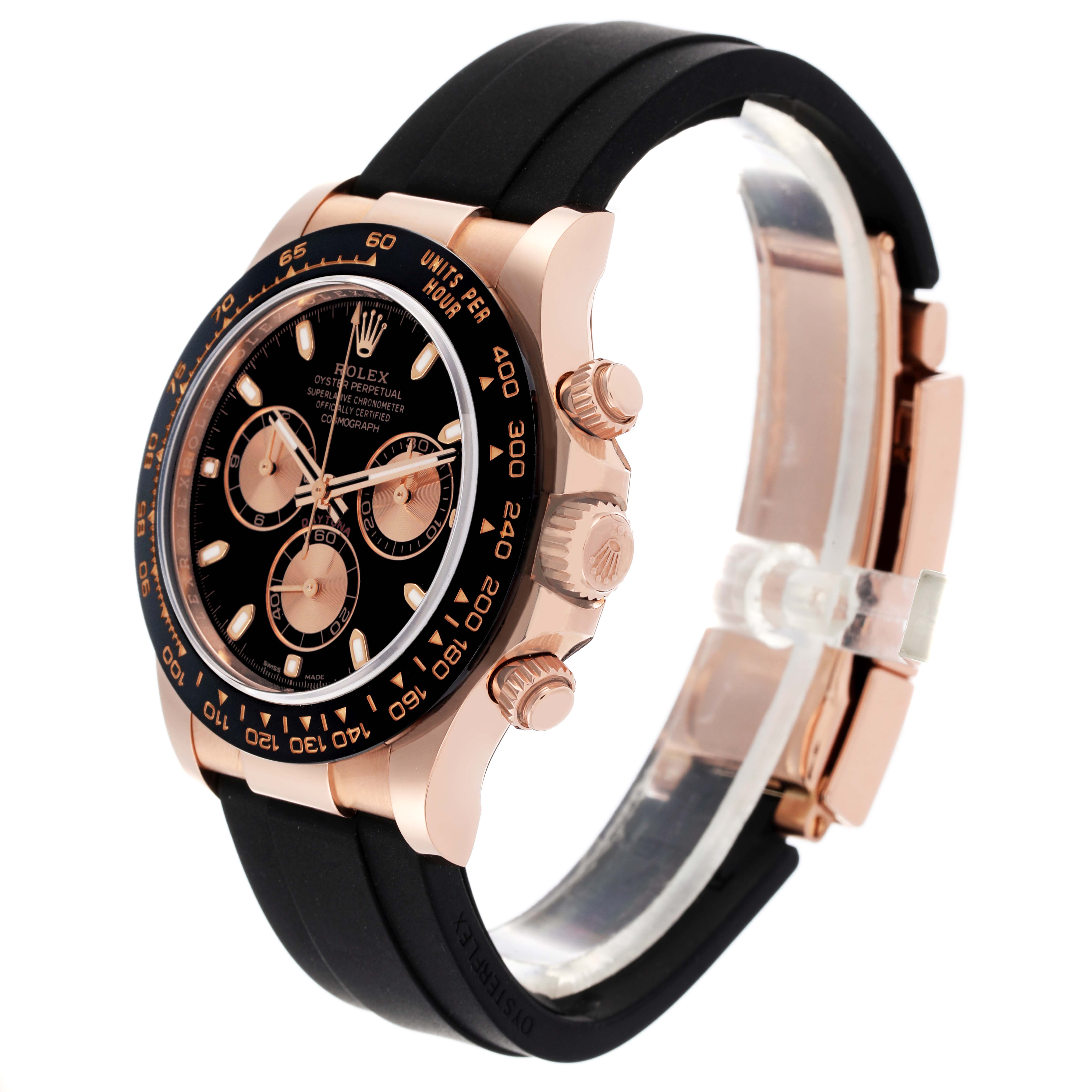 The Rolex Daytona 116515 Men's Rose Gold Black Dial 116515 Men's Rose Gold Black Dial watch is shown from a side angle, highlighting the rose gold case, black dial, chronograph buttons, and black strap.