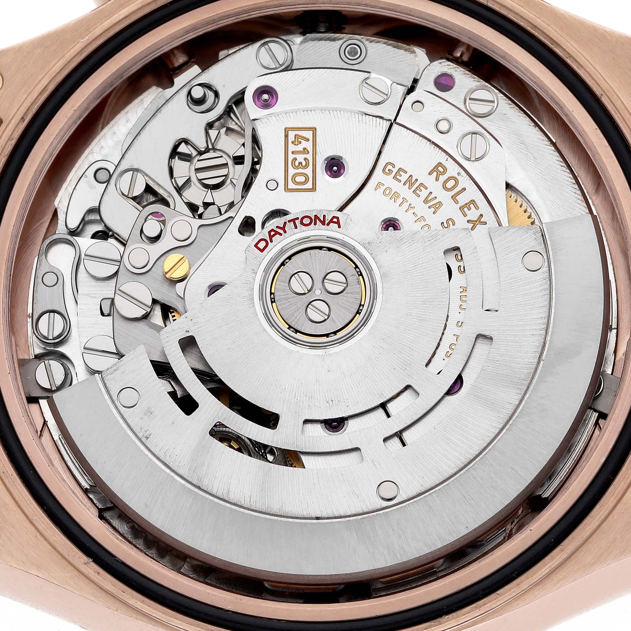 The image shows the internal movement mechanism of a Rolex Daytona 116515 Men's Rose Gold Black Dial 116515 Men's Rose Gold Black Dial watch, viewed from the back.