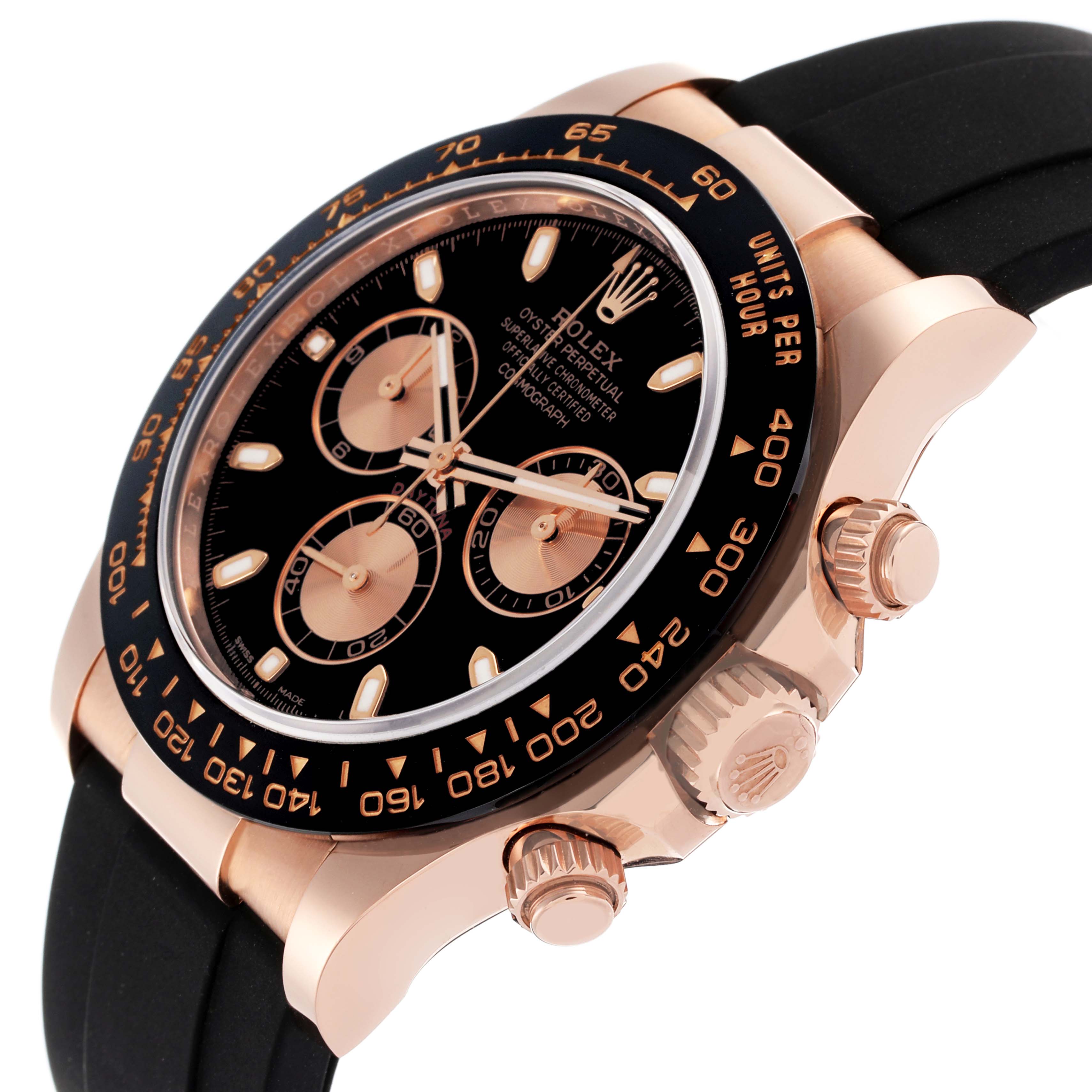 The image shows a side angle of the Rolex Daytona 116515 Men's Rose Gold Black Dial 116515 Men's Rose Gold Black Dial watch, highlighting its crown, chronograph buttons, and black dial.