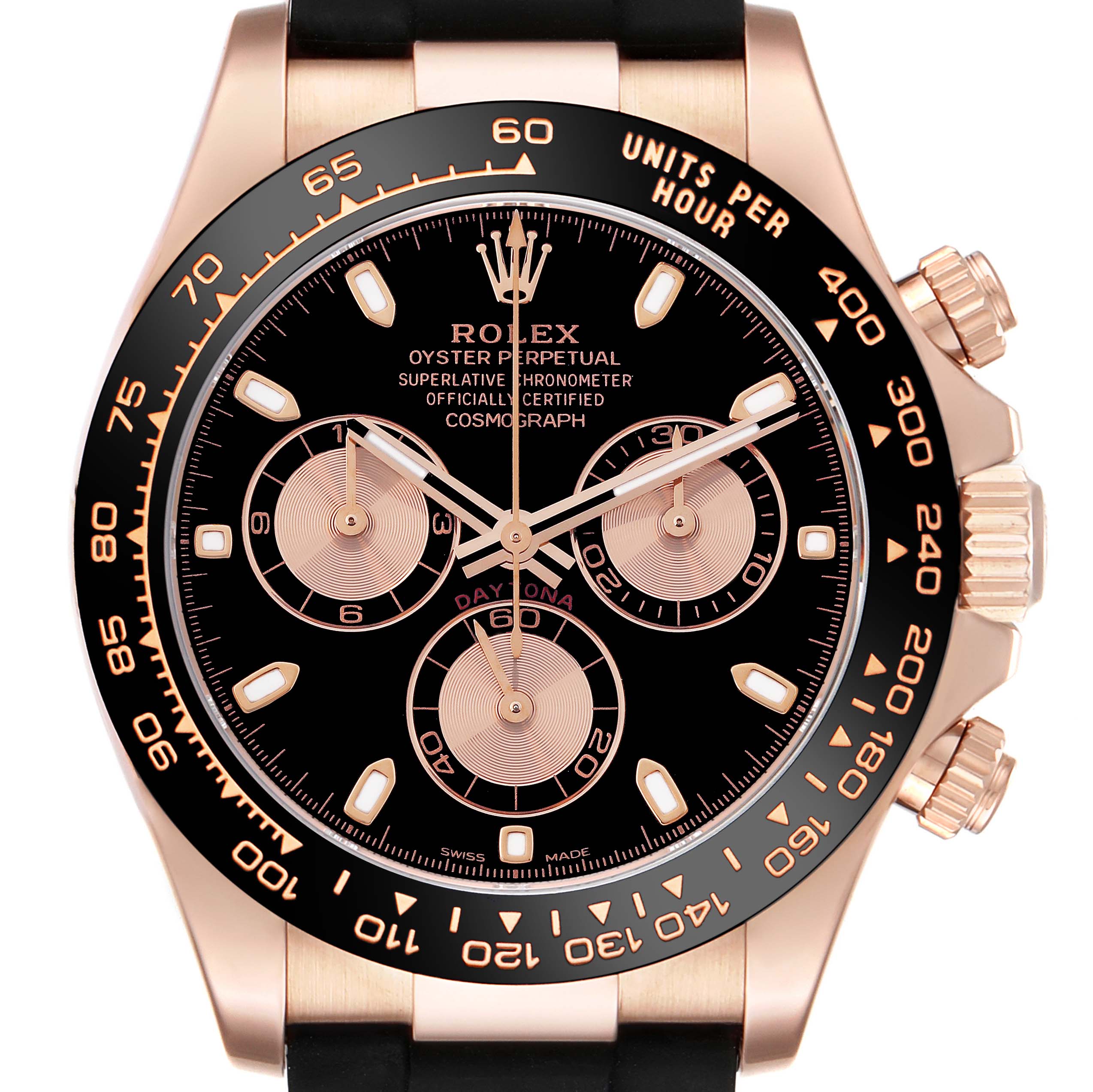 The Rolex Daytona 116515 Men's Rose Gold Black Dial 116515 Men's Rose Gold Black Dial watch is shown from a frontal angle, highlighting its dial, bezel, and pushers.