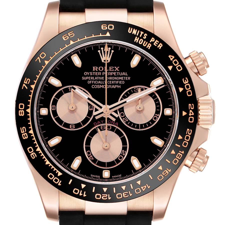 The Rolex Daytona watch is shown from a frontal angle, highlighting its dial, bezel, and pushers.