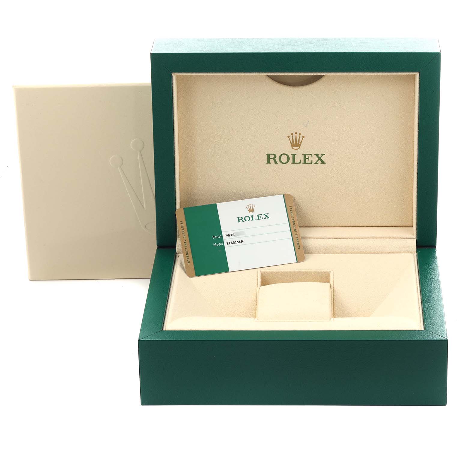 The image shows an open Rolex Daytona 116515 Men's Rose Gold Black Dial 116515 Men's Rose Gold Black Dial box with a warranty card inside the packaging.