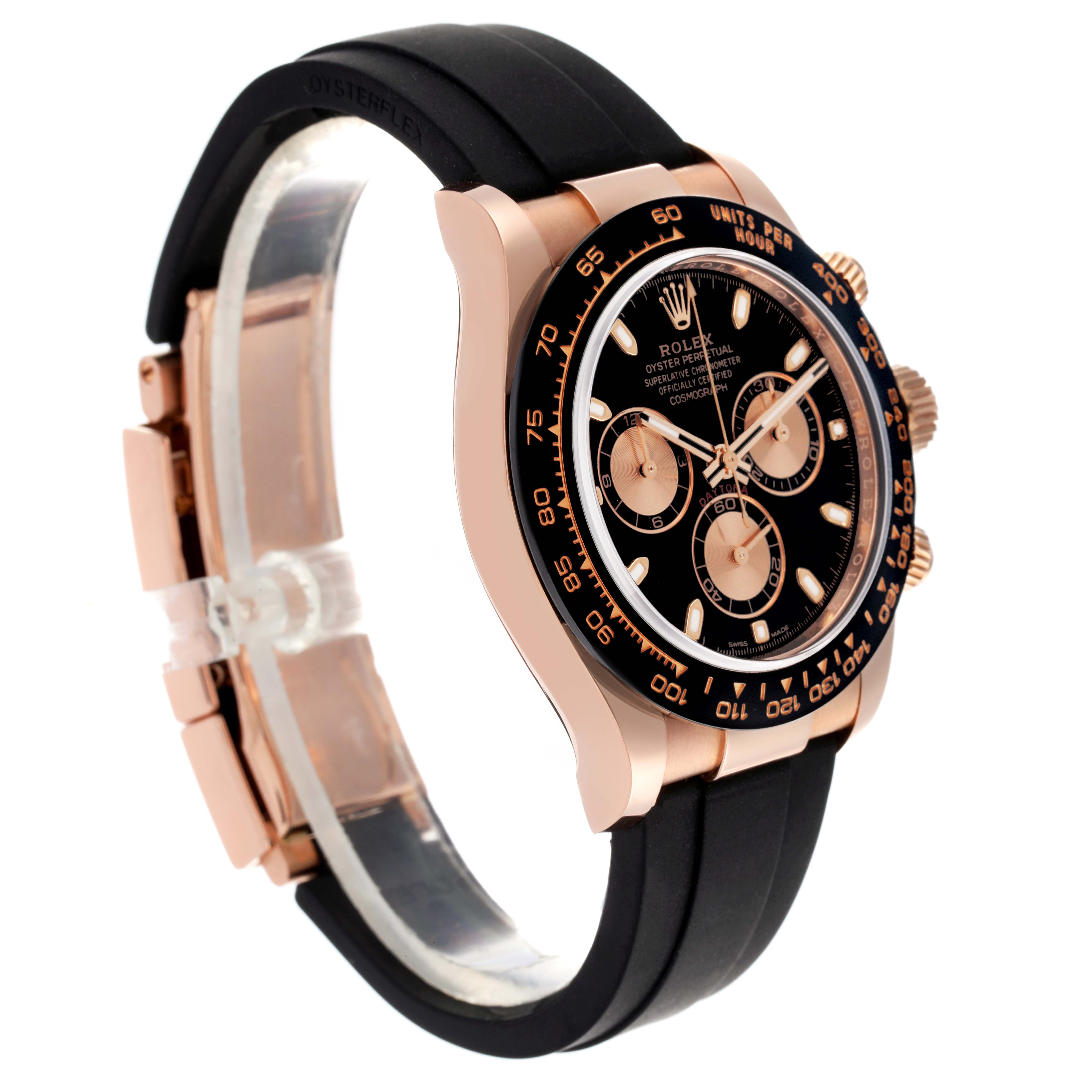 The Rolex Daytona 116515 Men's Rose Gold Black Dial 116515 Men's Rose Gold Black Dial watch is shown at a three-quarter angle, highlighting the face, bezel, crown, and black strap.