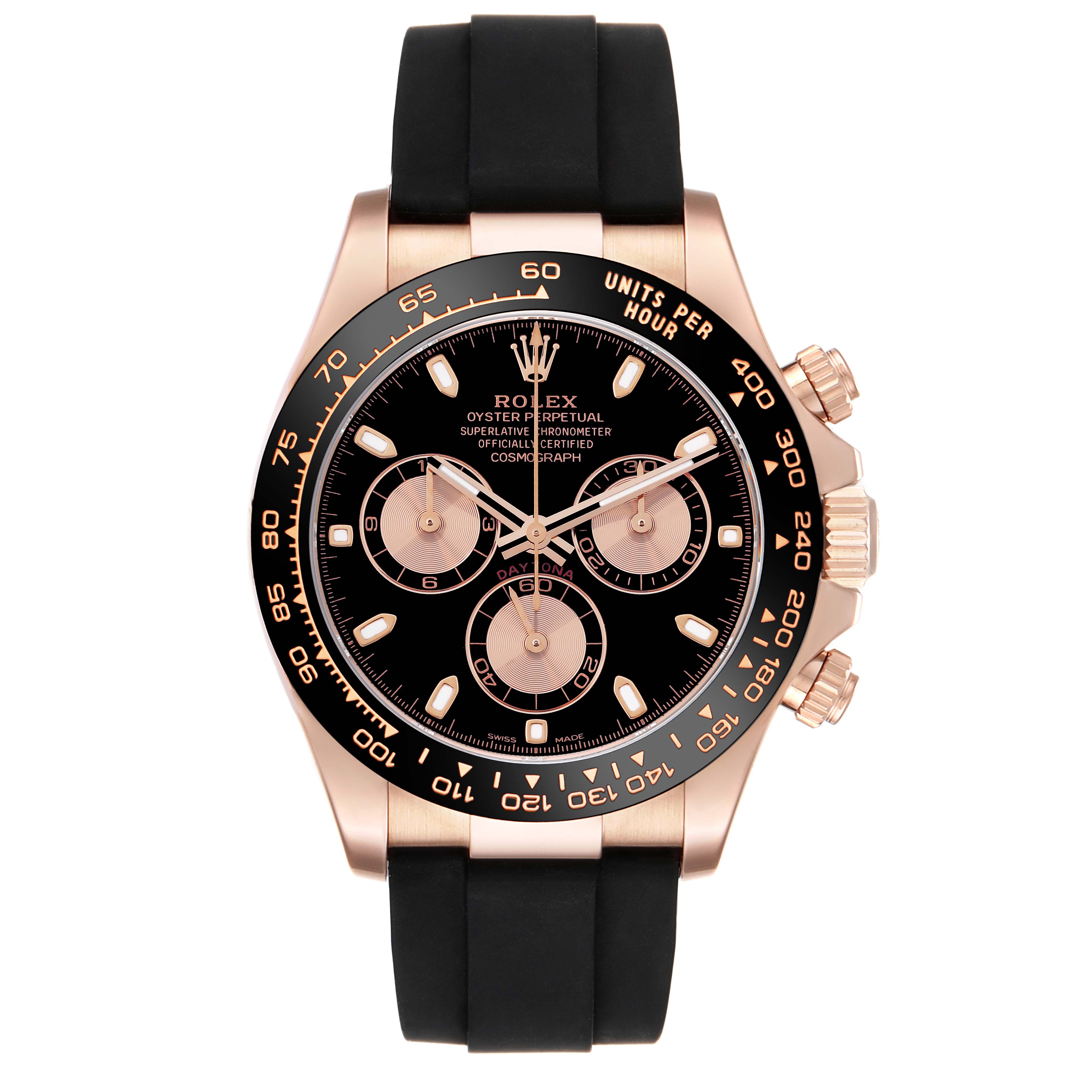 The Rolex Daytona 116515 Men's Rose Gold Black Dial 116515 Men's Rose Gold Black Dial watch is shown from the front, displaying the dial, subdials, case, bezel, and buttons.