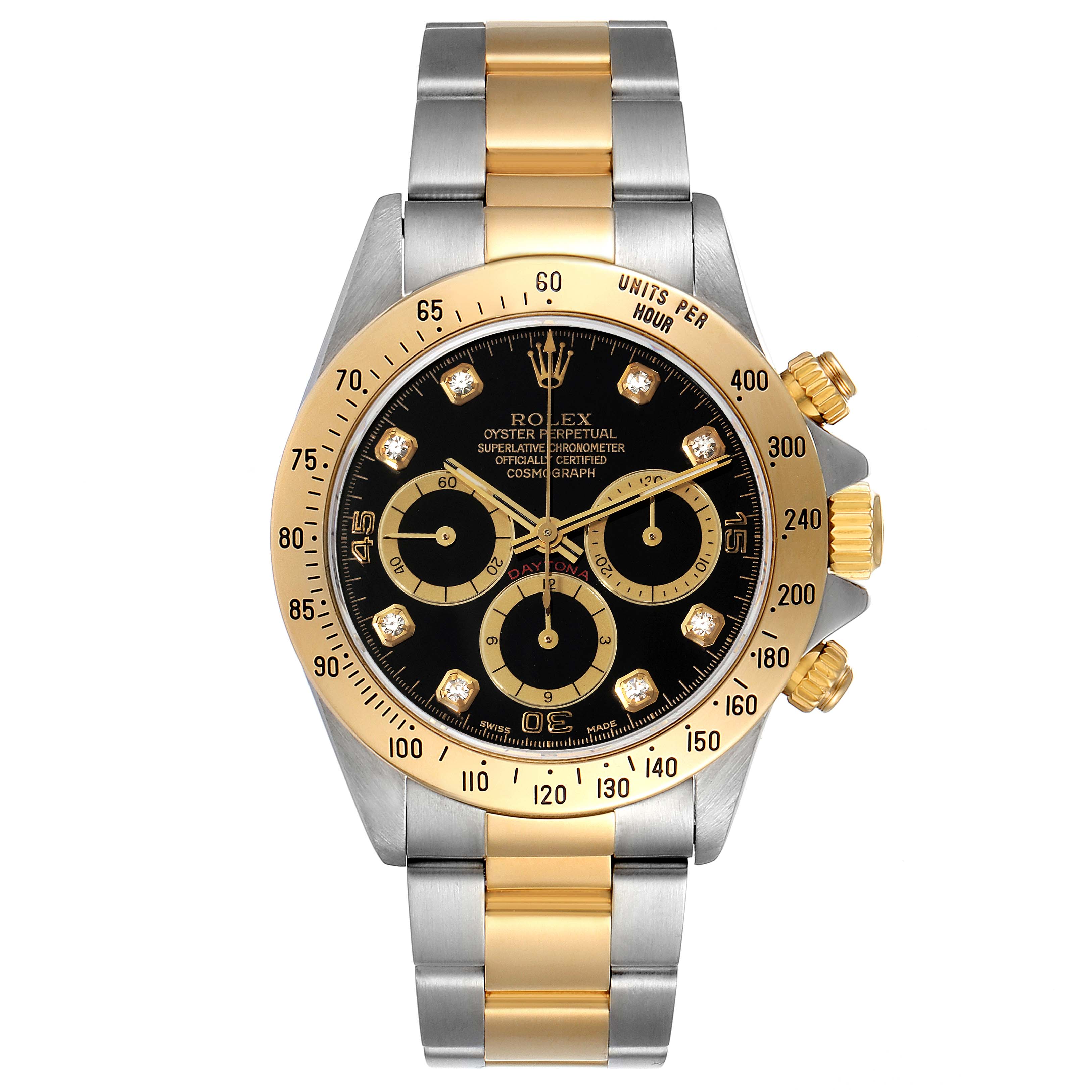 The Rolex Daytona 16523 Men's Steel and Gold (two tone) Black Dial 16523 Men's Steel and Gold (two tone) Black Dial watch is shown from a front view, highlighting its face, bezel, and two-tone bracelet.