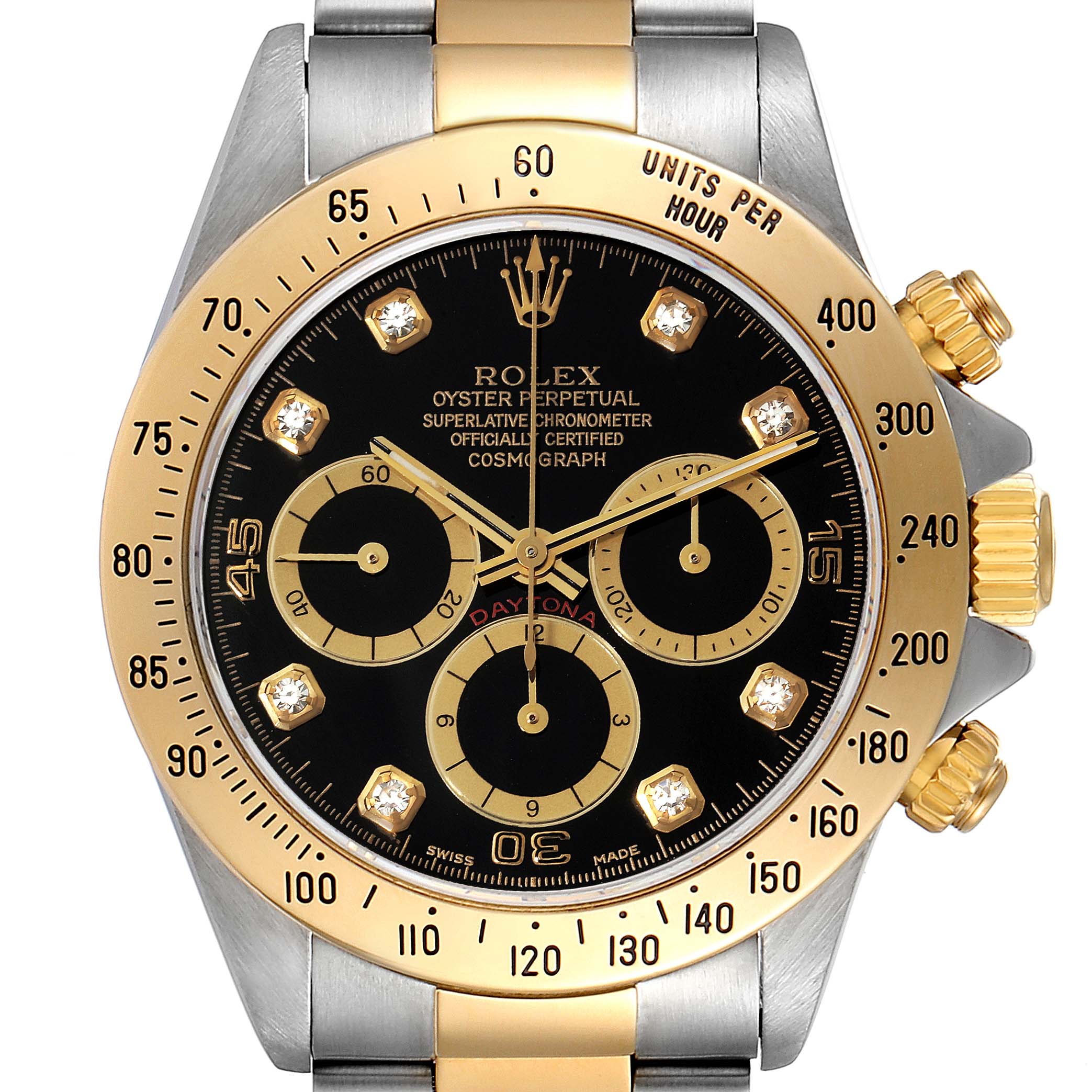 The image shows a frontal view of the Rolex Daytona 16523 Men's Steel and Gold (two tone) Black Dial 16523 Men's Steel and Gold (two tone) Black Dial watch, highlighting the black dial, gold bezel, and chronograph subdials.