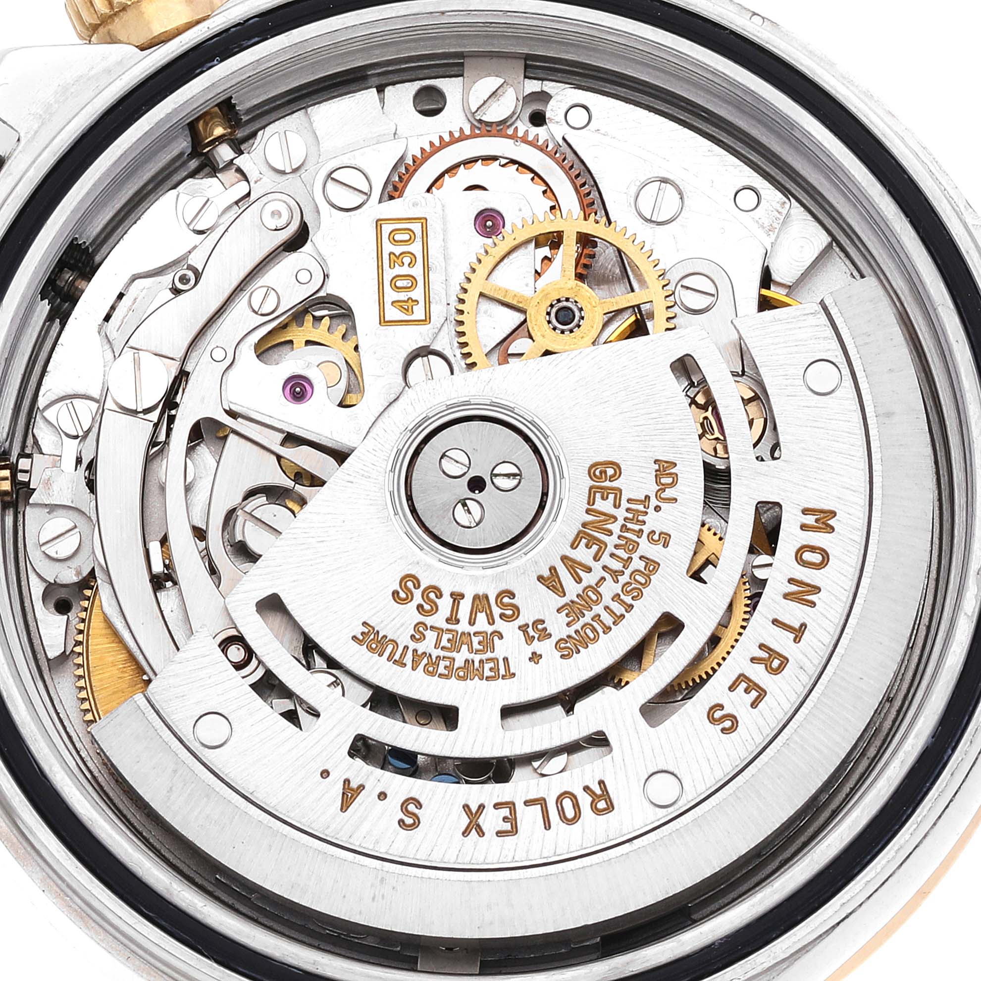 This image shows a close-up of the internal mechanical movement of a Rolex Daytona 16523 Men's Steel and Gold (two tone) Black Dial 16523 Men's Steel and Gold (two tone) Black Dial watch.