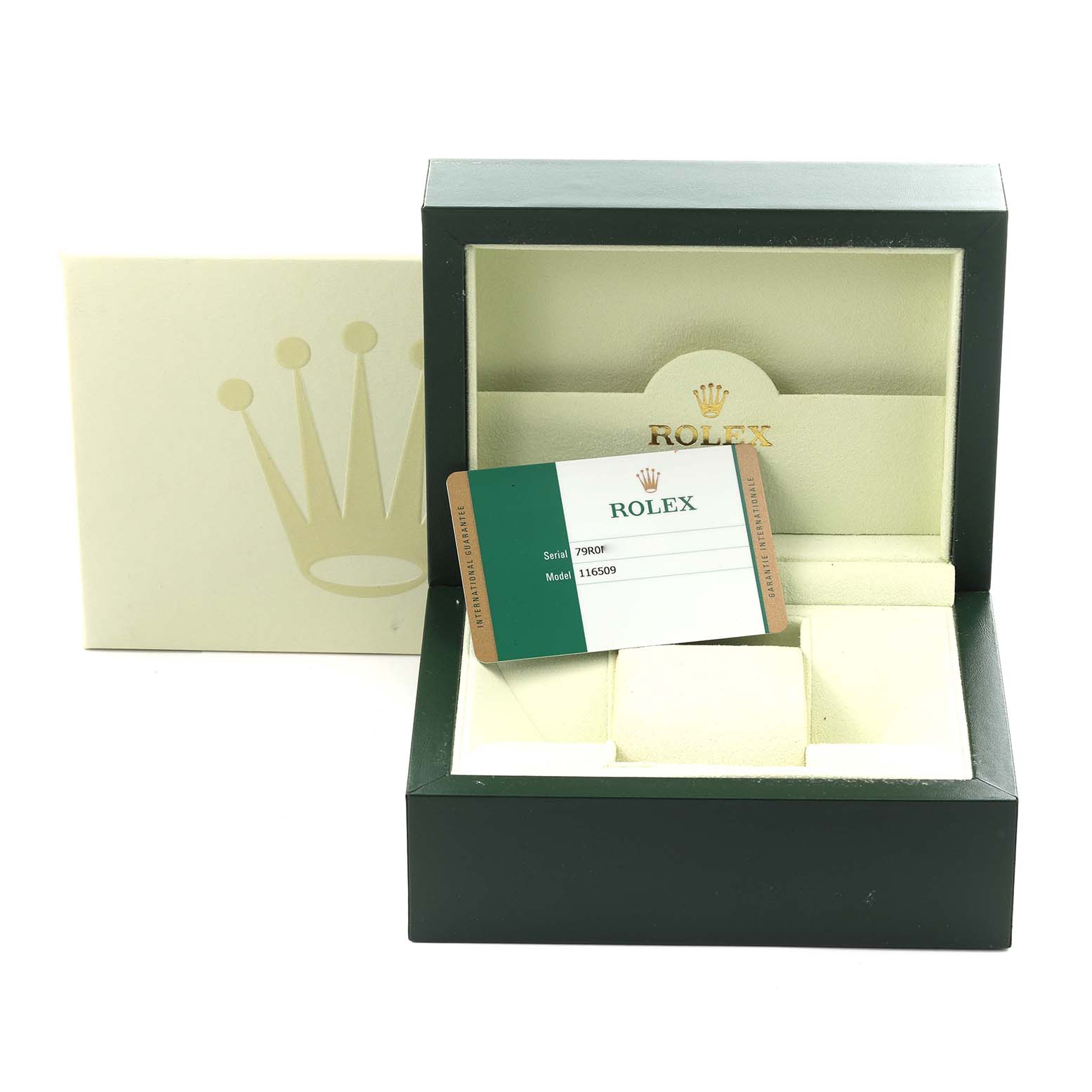 The image shows a Rolex Daytona 116509 Men
s White Gold Mother of Pearl Dial watch box open with a warranty card inside.