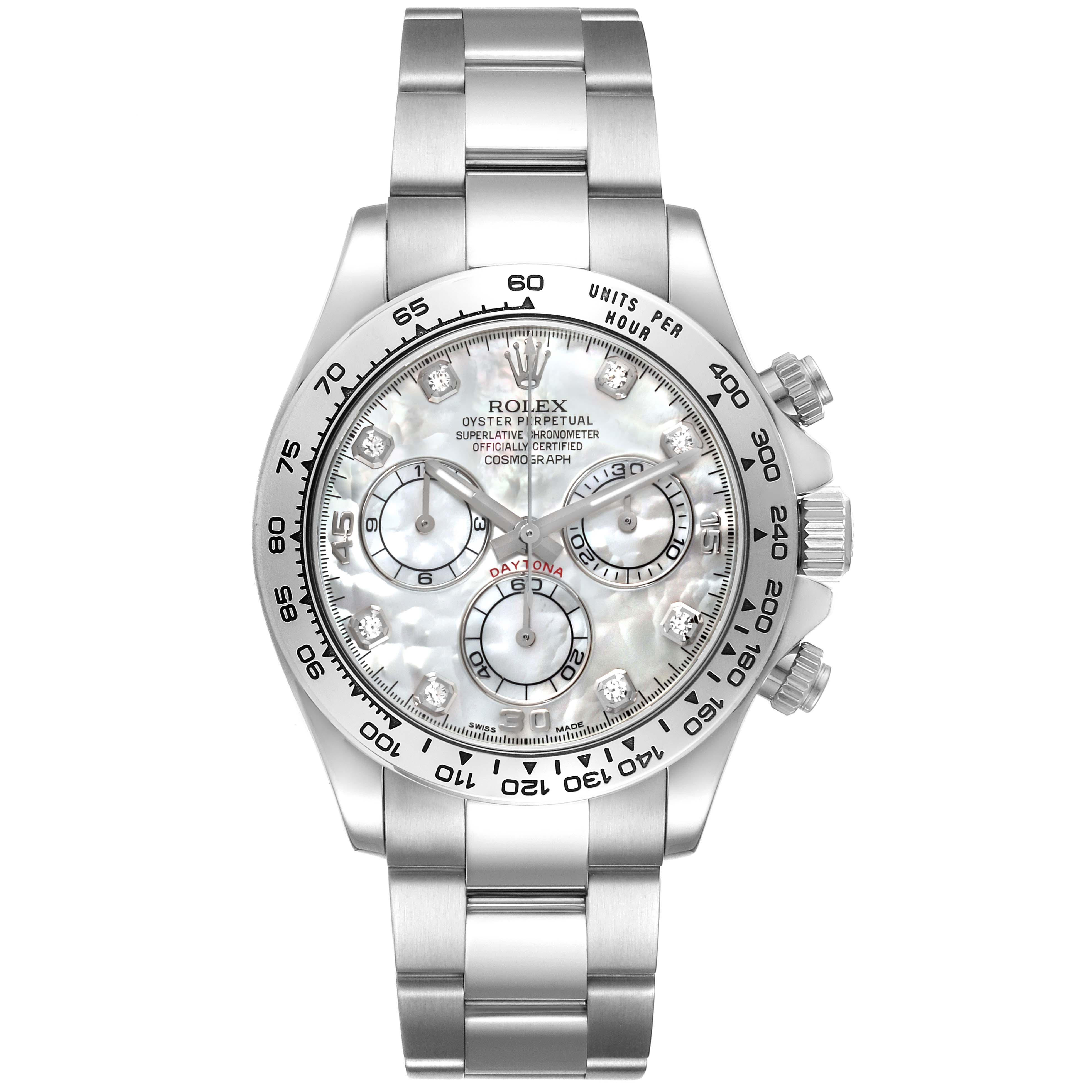 The Rolex Daytona 116509 Men
s White Gold Mother of Pearl Dial watch is shown from a front view, displaying its dial, bezel, crown, pushers, and bracelet.