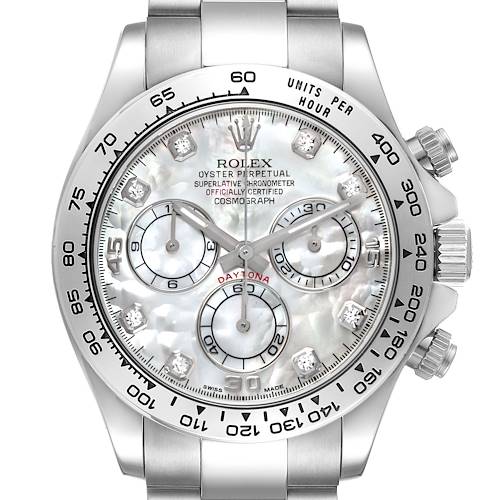 The Rolex Daytona 116509 Men
s White Gold Mother of Pearl Dial watch is shown from a top-down angle, highlighting the face, bezel, sub-dials, and bracelet.