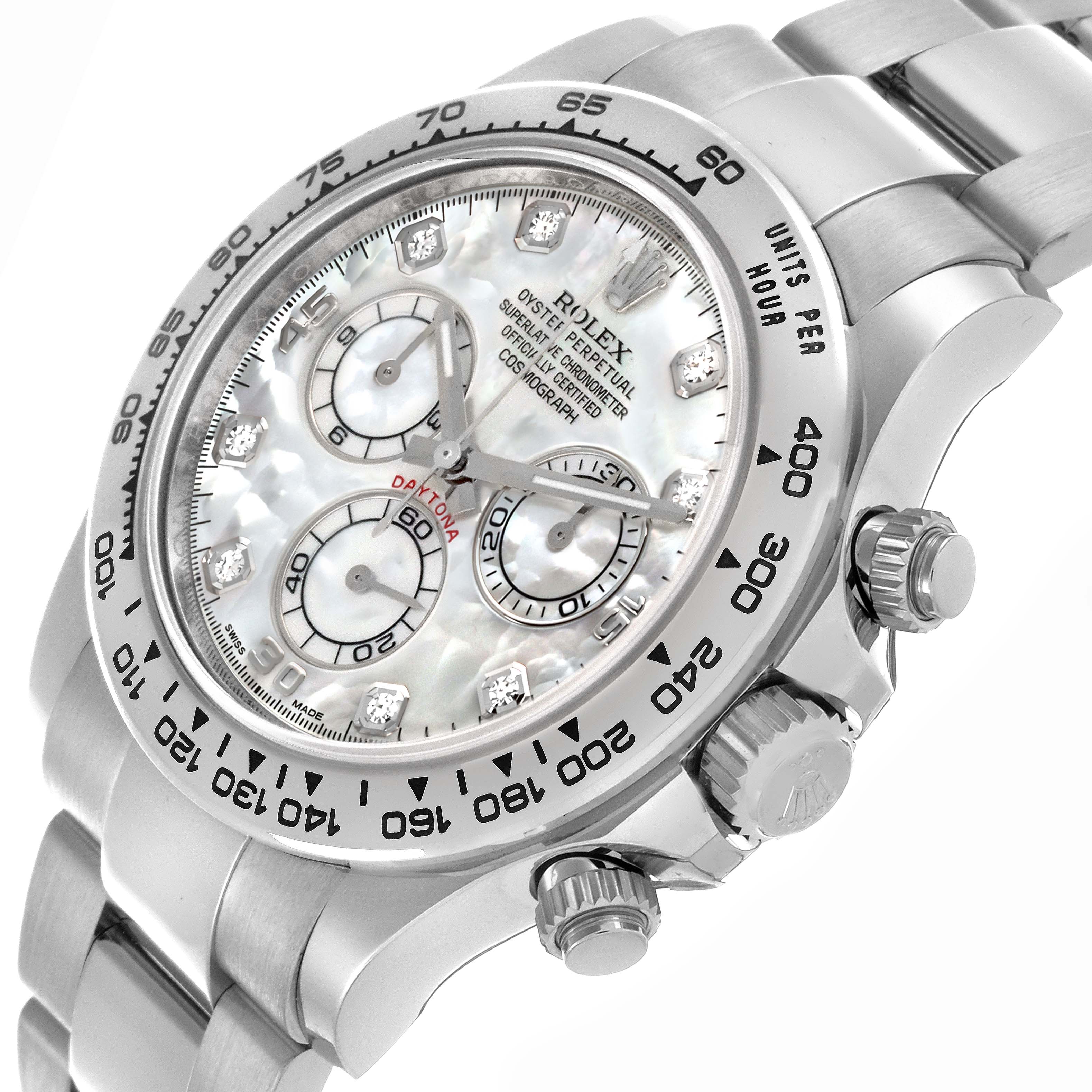 The Rolex Daytona 116509 Men
s White Gold Mother of Pearl Dial watch is shown at an angled close-up, highlighting the dial, bezel, pushers, and bracelet.