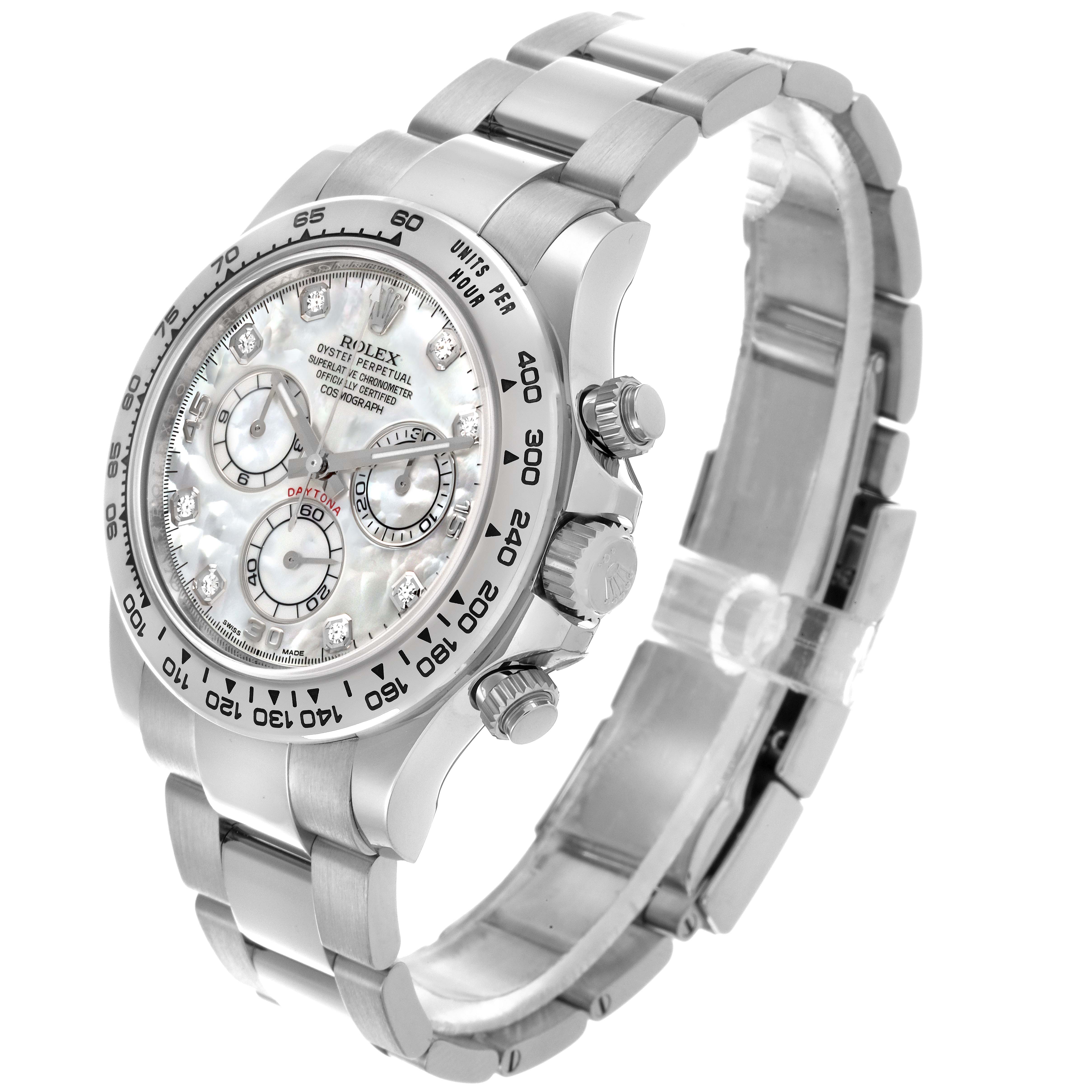 The Rolex Daytona 116509 Men
s White Gold Mother of Pearl Dial watch is shown at a three-quarter angle, displaying its dial, bezel, pushers, and bracelet.