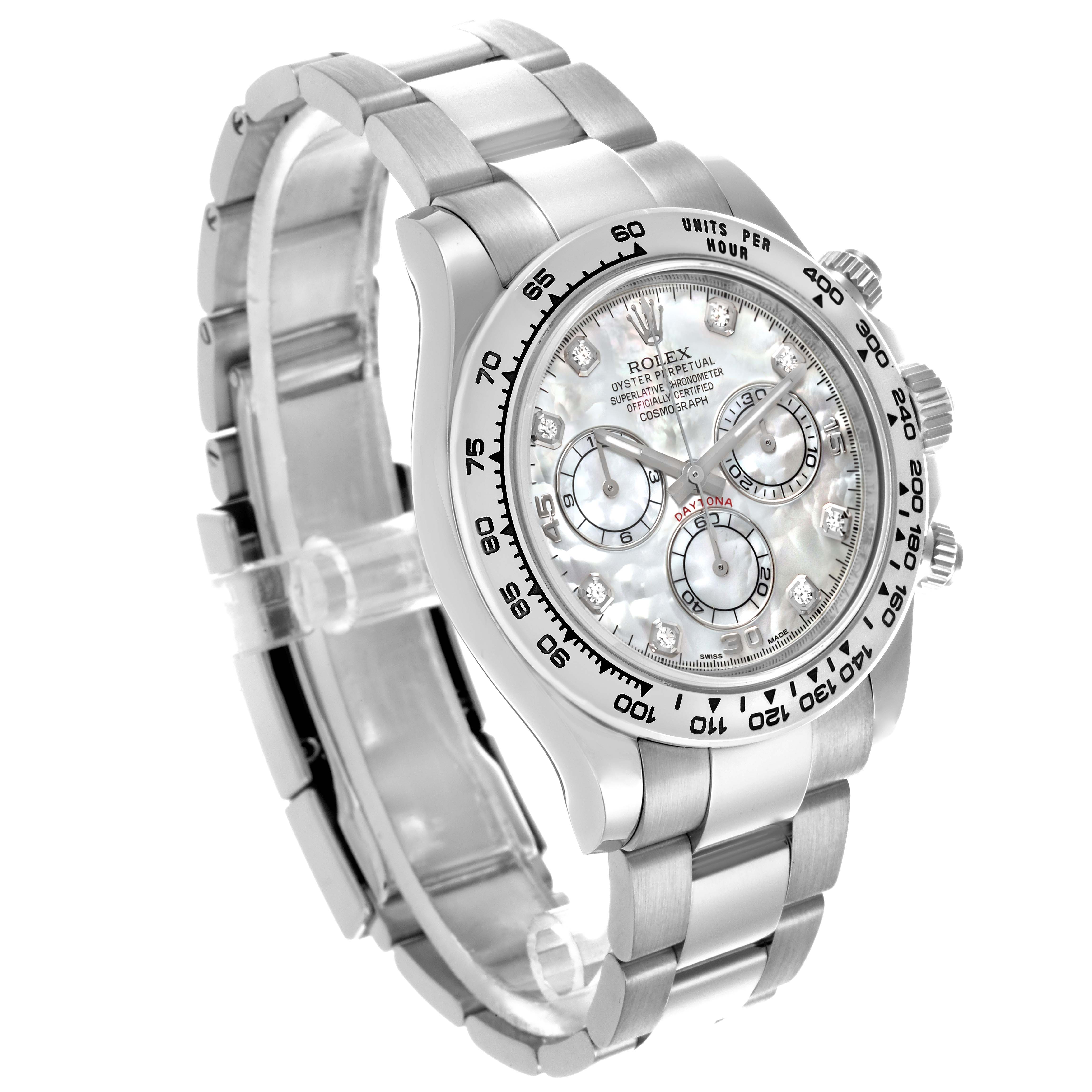 The Rolex Daytona 116509 Men
s White Gold Mother of Pearl Dial watch is shown at a three-quarter angle, highlighting the dial, bezel, and bracelet.
