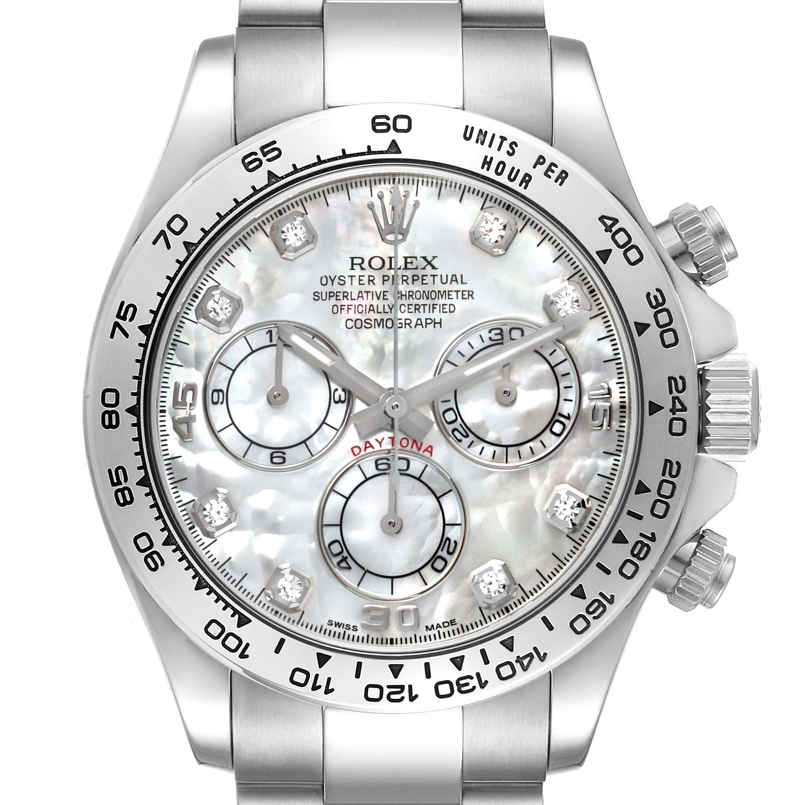 The Rolex Daytona 116509 Men
s White Gold Mother of Pearl Dial is shown from a front view, highlighting the dial, bezel, pushers, and bracelet.