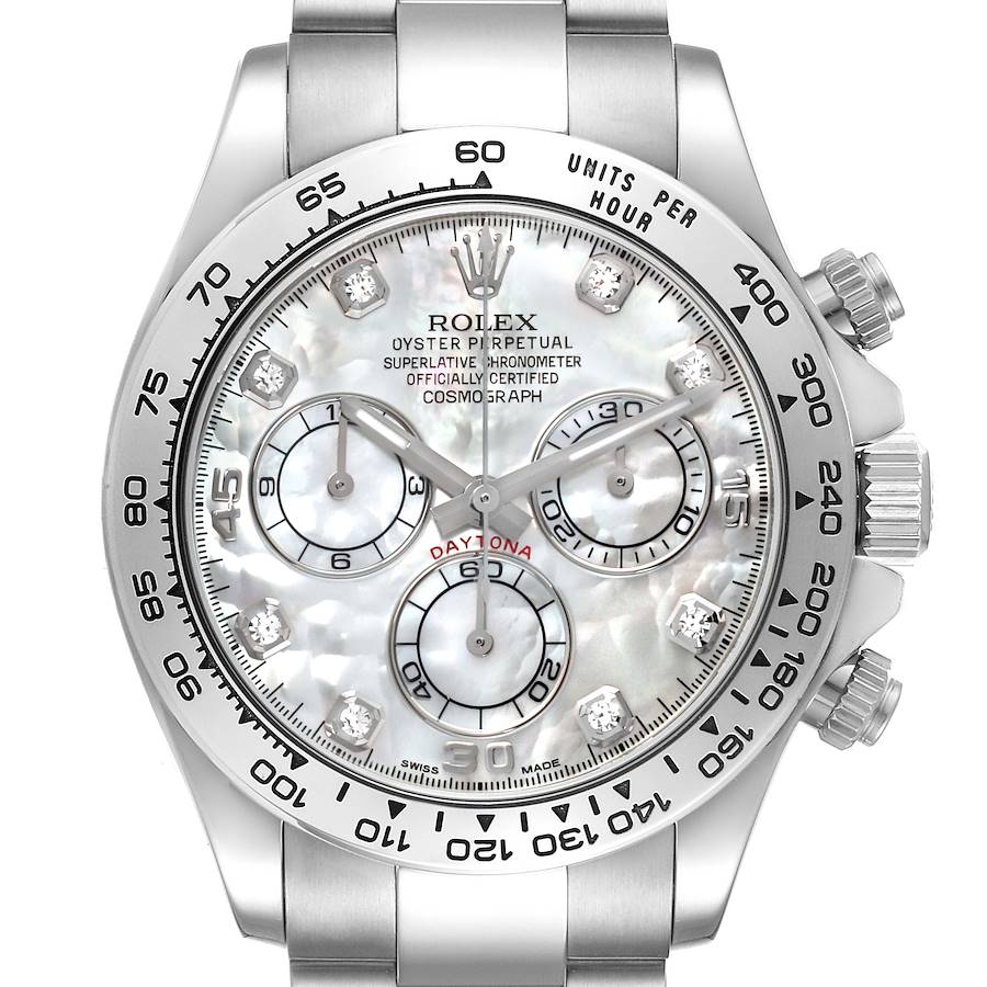 The Rolex Daytona 116509 Men
s White Gold Mother of Pearl Dial is shown from a front view, highlighting the dial, bezel, pushers, and bracelet.