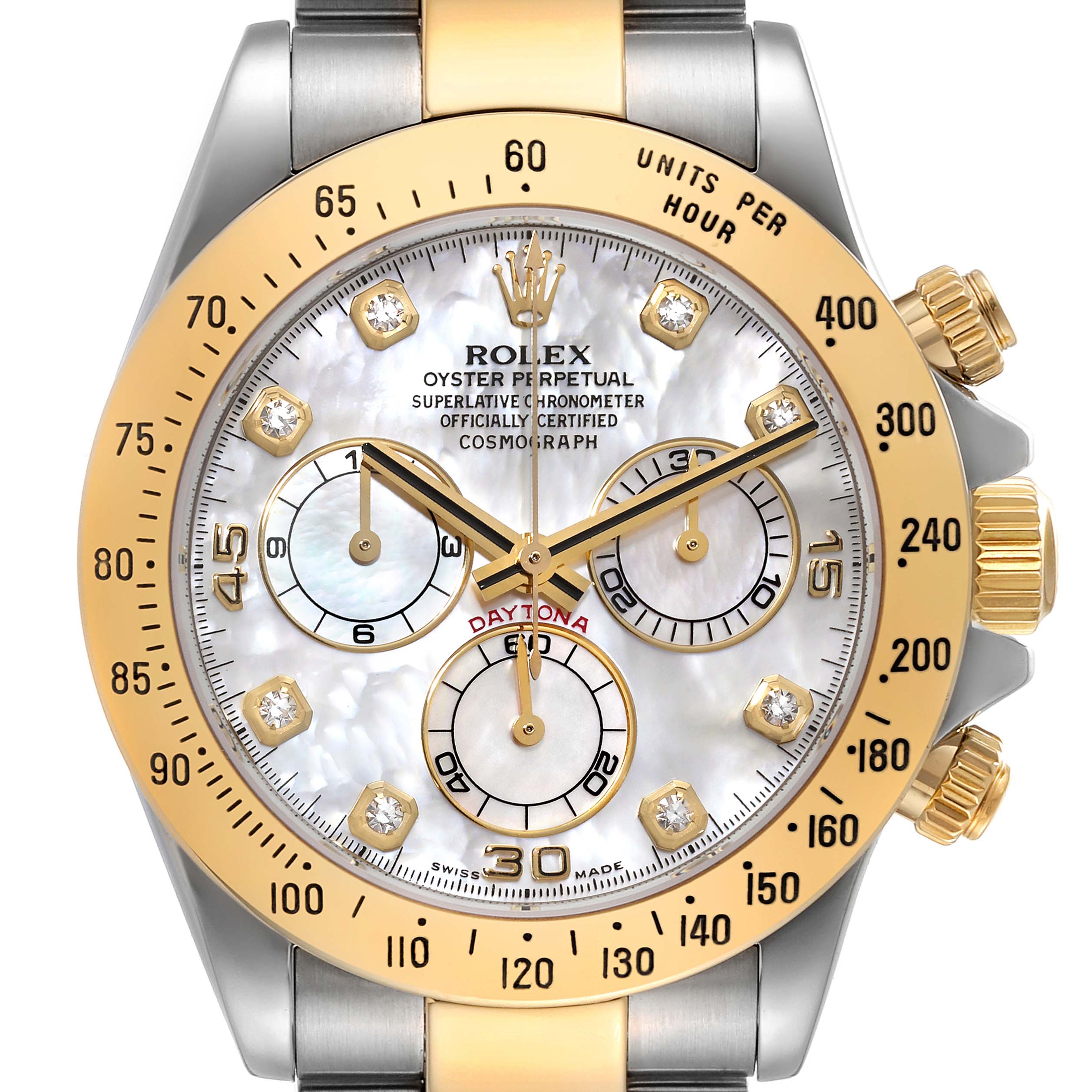 This image shows a front view of the Rolex Daytona 116523 Men's Steel and Gold (two tone) Mother of Pearl Dial 116523 Men's Steel and Gold (two tone) Mother of Pearl Dial watch showcasing its dial, bezel, and crown.