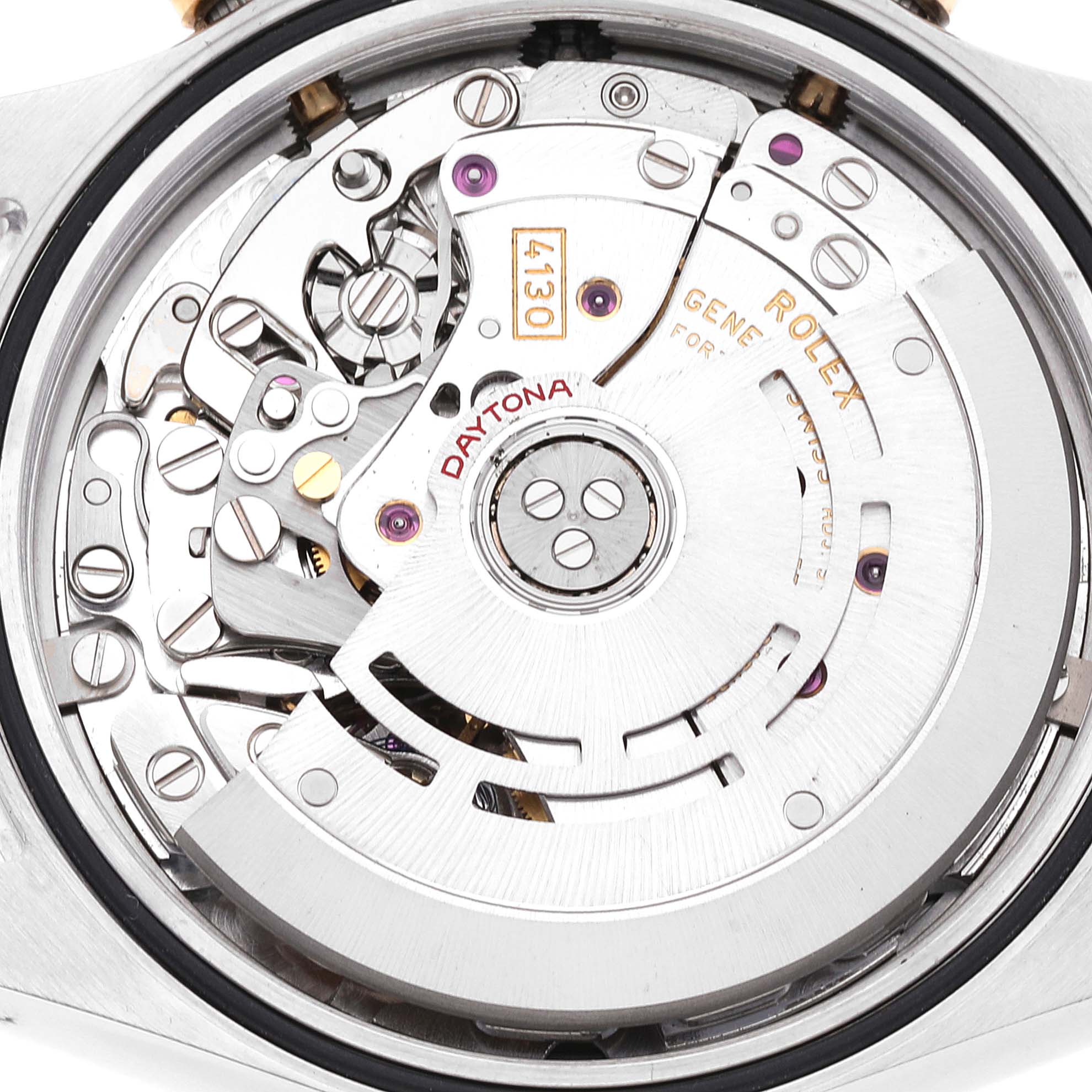 This image shows the internal mechanism of a Rolex Daytona 116523 Men's Steel and Gold (two tone) Mother of Pearl Dial 116523 Men's Steel and Gold (two tone) Mother of Pearl Dial watch viewed from the back.