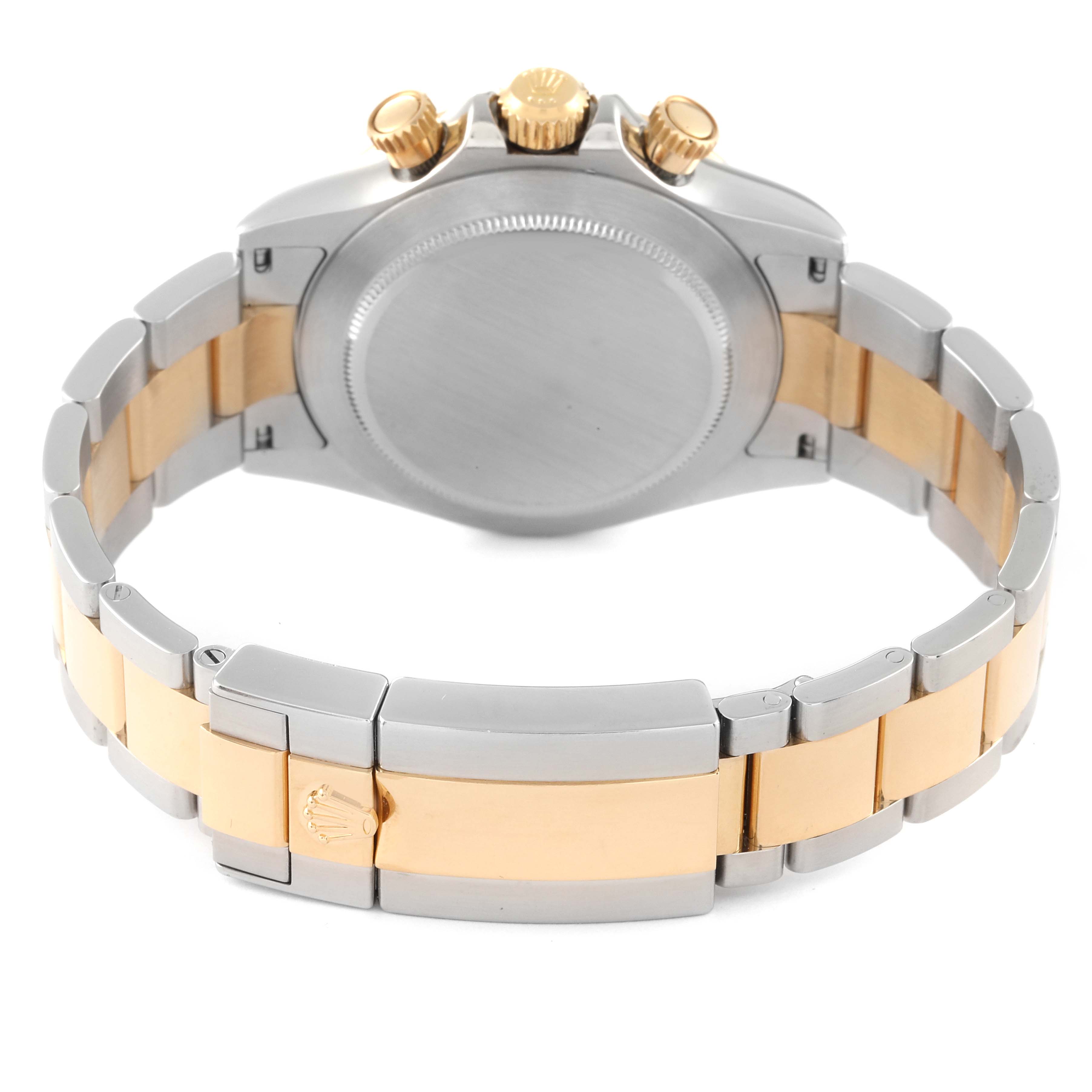 The image shows the back view of a Rolex Daytona 116523 Men's Steel and Gold (two tone) Mother of Pearl Dial 116523 Men's Steel and Gold (two tone) Mother of Pearl Dial, highlighting the case back and two-tone bracelet.