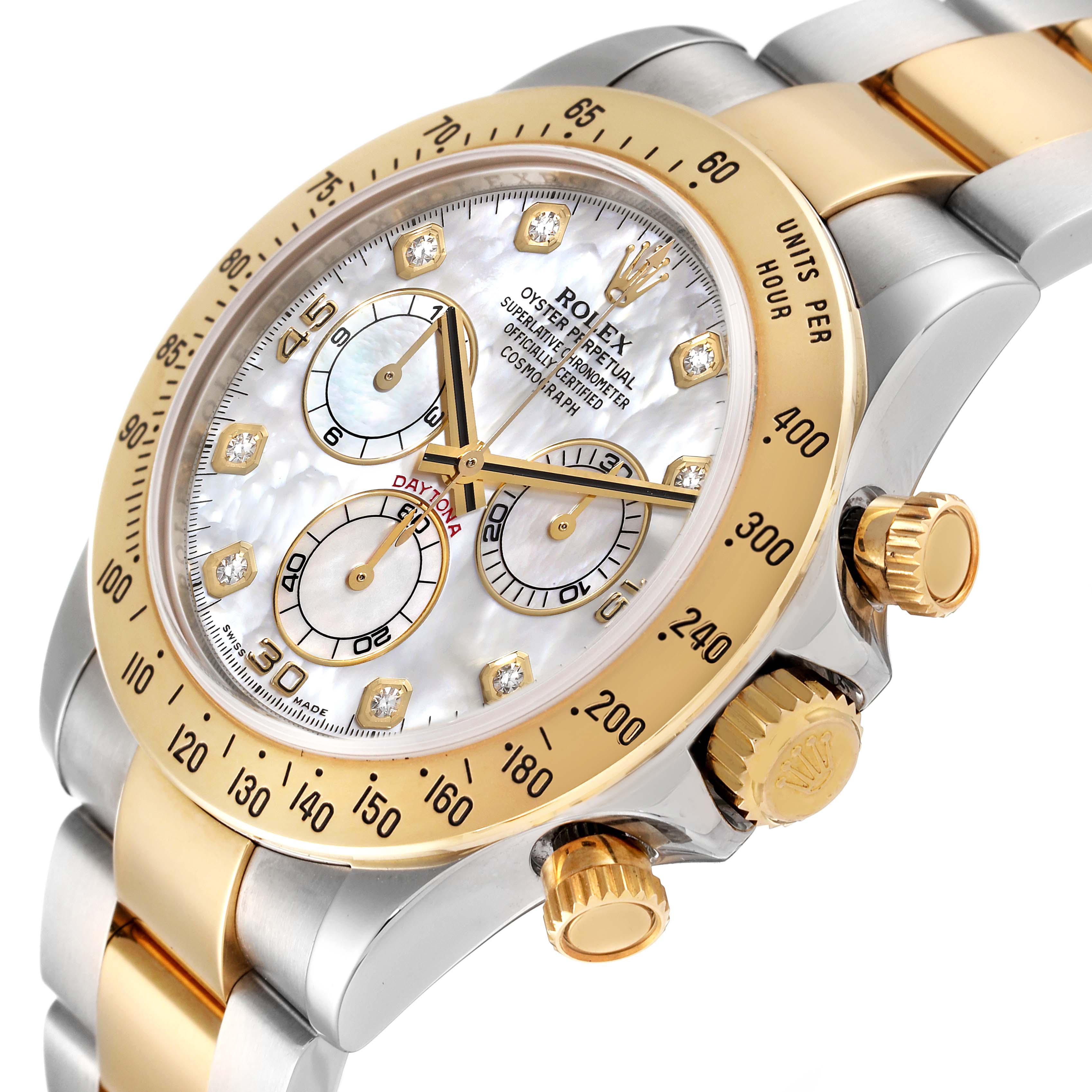 The image shows a close-up angle of a Rolex Daytona 116523 Men's Steel and Gold (two tone) Mother of Pearl Dial 116523 Men's Steel and Gold (two tone) Mother of Pearl Dial model, highlighting its face, dial, bezel, and bracelet.