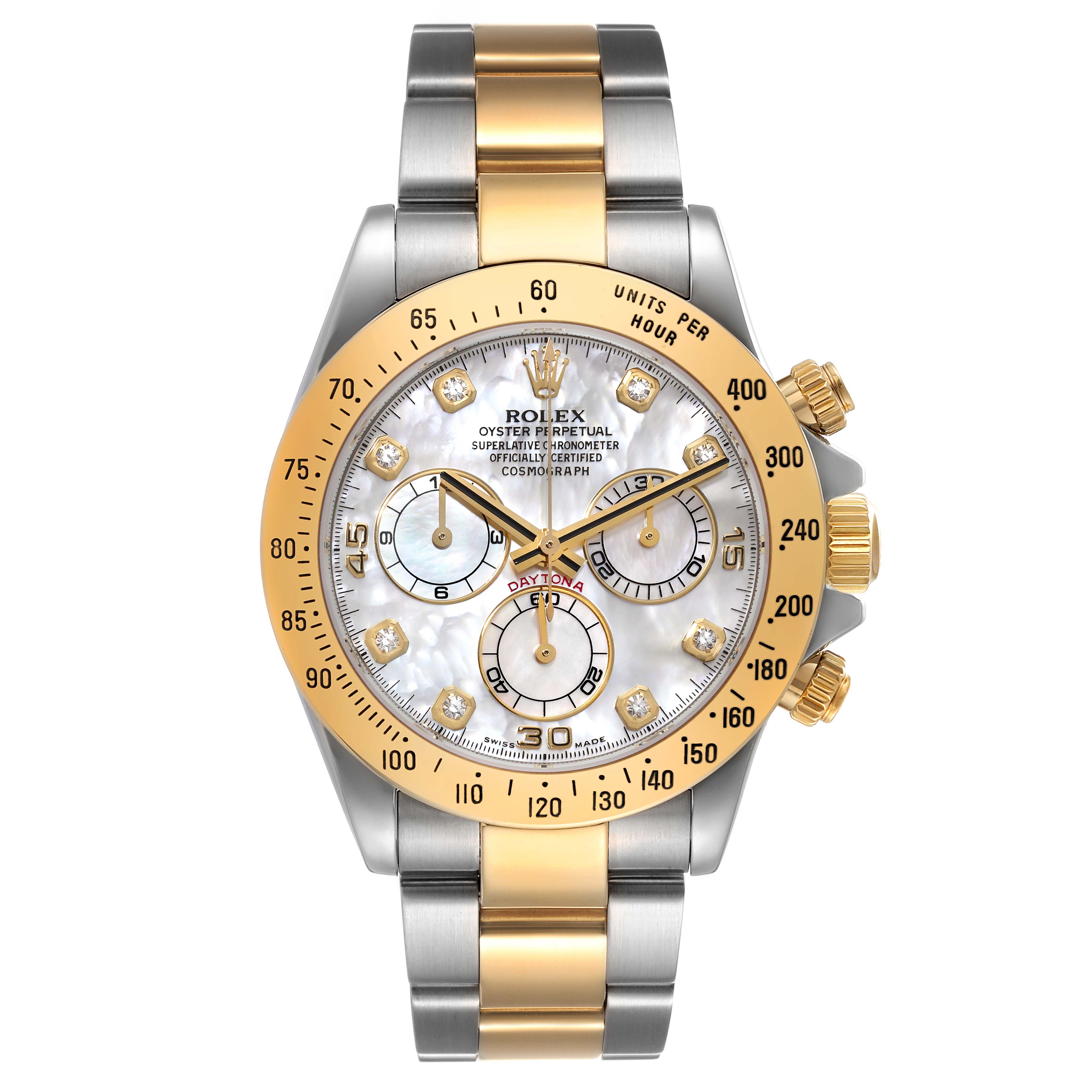 This Rolex Daytona 116523 Men's Steel and Gold (two tone) Mother of Pearl Dial 116523 Men's Steel and Gold (two tone) Mother of Pearl Dial watch is shown from a front angle, highlighting its face, bezel, and bracelet.