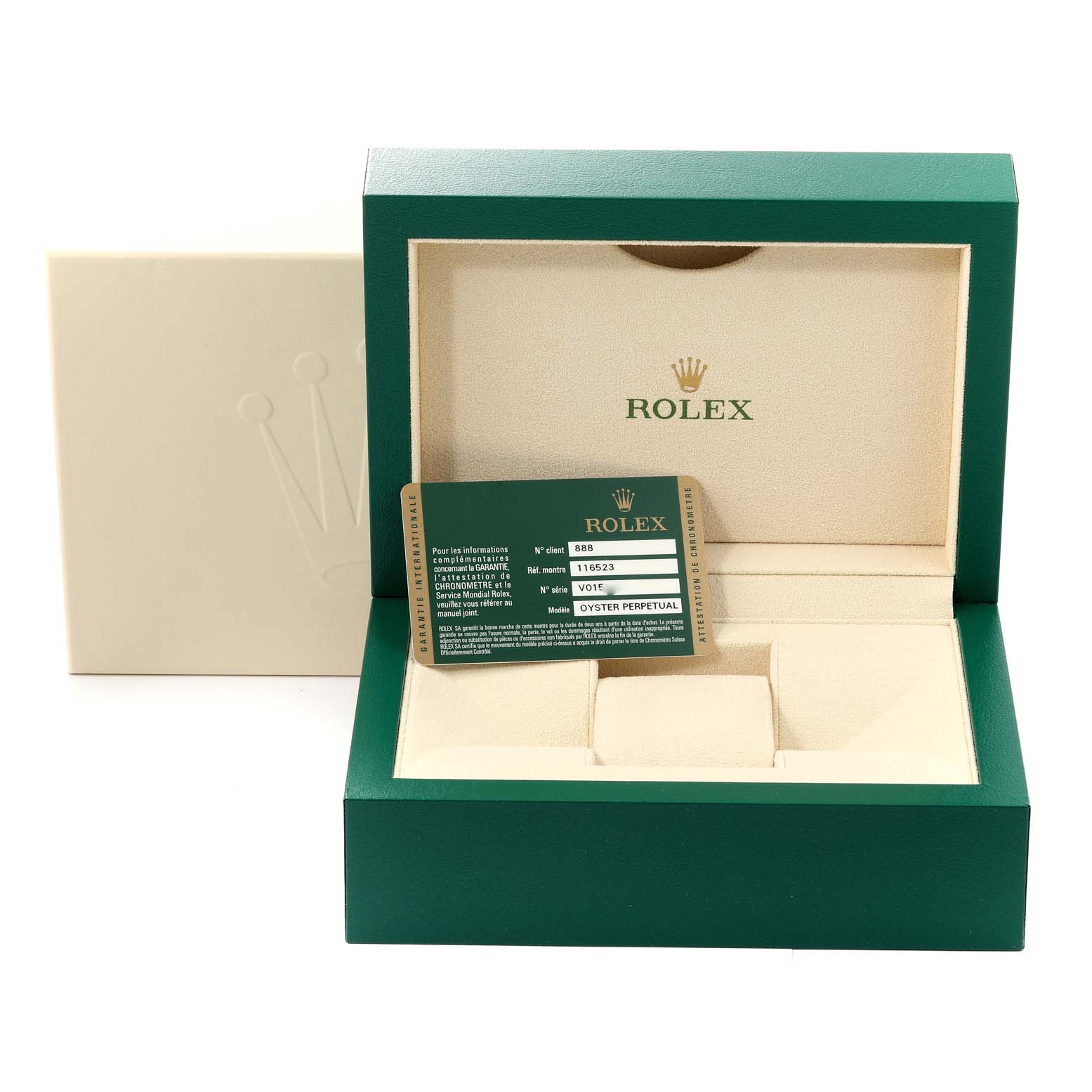 The image shows the open box and authenticity card of a Rolex Daytona 116523 Men's Steel and Gold (two tone) Mother of Pearl Dial 116523 Men's Steel and Gold (two tone) Mother of Pearl Dial watch, showcasing its packaging and accessories.