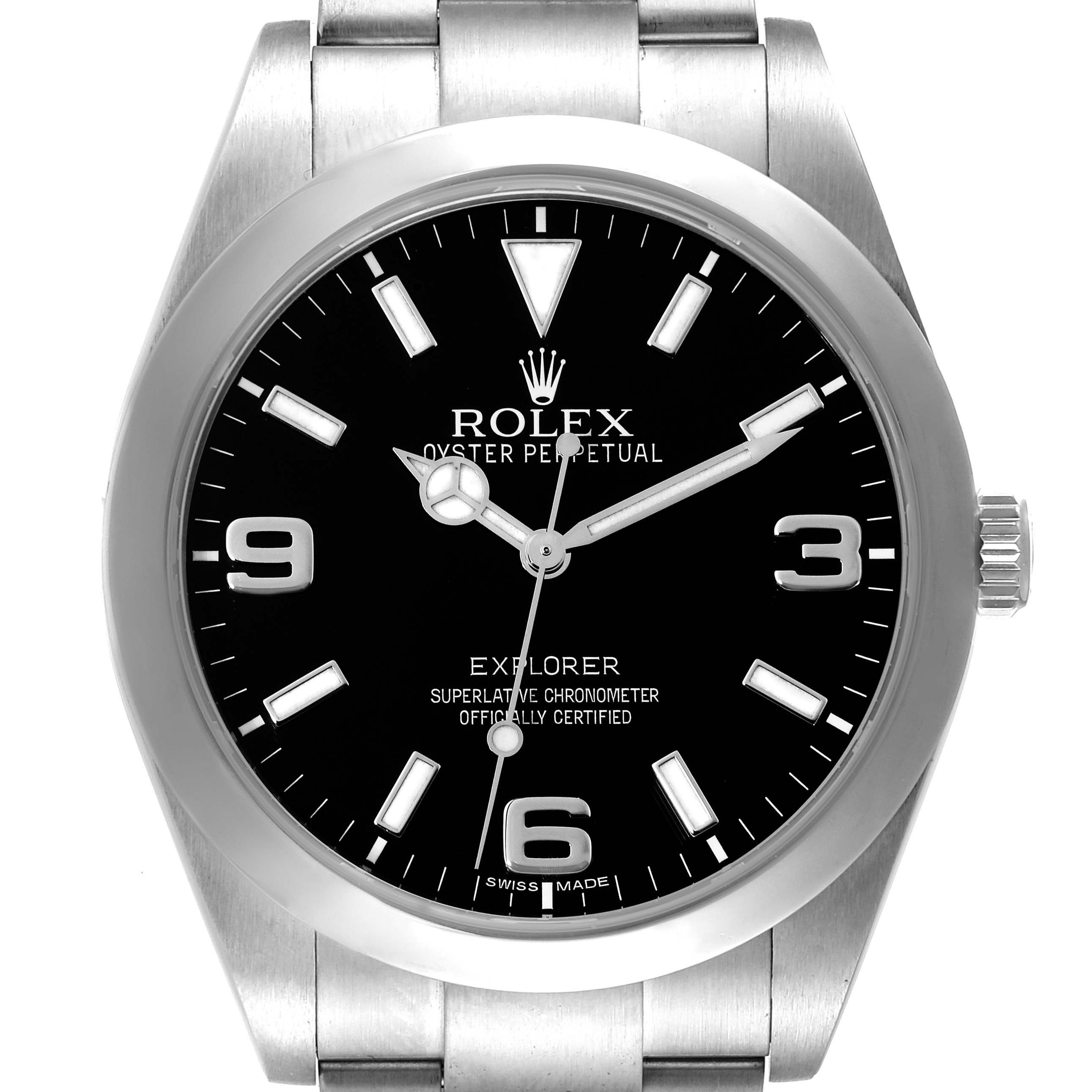 This Rolex Explorer 214270 Men
s Stainless Steel Black Dial 214270 Men
s Stainless Steel Black Dial watch is shown from a front angle displaying the dial, hands, case, and part of the bracelet.